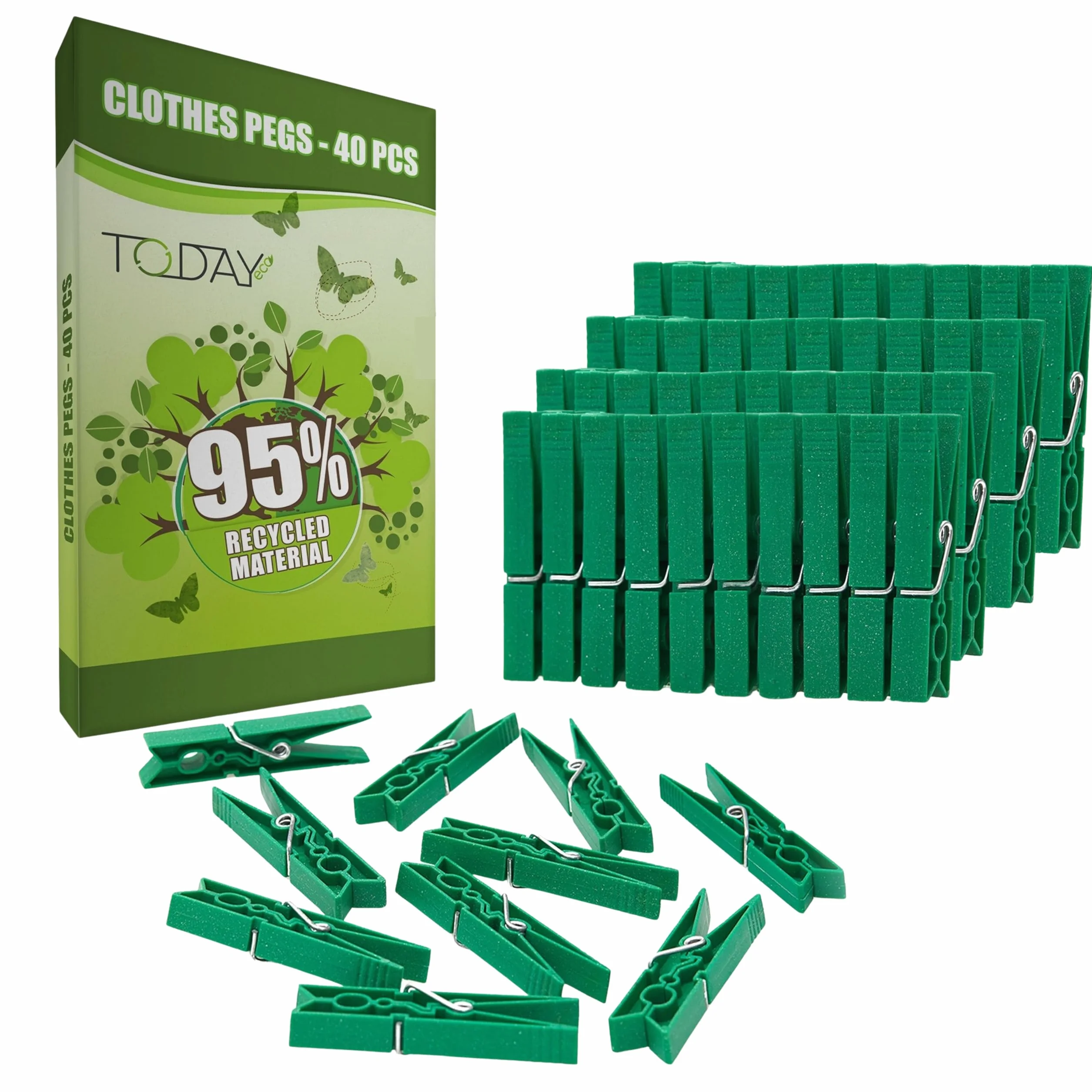 Today Eco - 40 spinaczy do bielizny. Ekologiczne, wykonane z tworzywa sztucznego pochodzącego w 95% z recyklingu, duże rozmiary, trwałe i wiatroodporne spinacze do bielizny - Kolor zielony