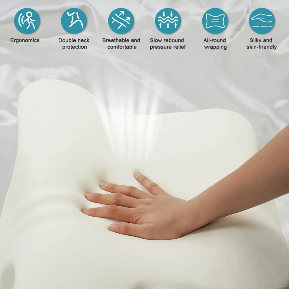 OSDUE Poduszka z pianki z pamięcią kształtu, na ból szyi i ramion, ortopedyczna, ergonomiczna, dla osób śpiących na boku, plecach i brzuchu, ze zdejmowaną osłoną, niebieska
