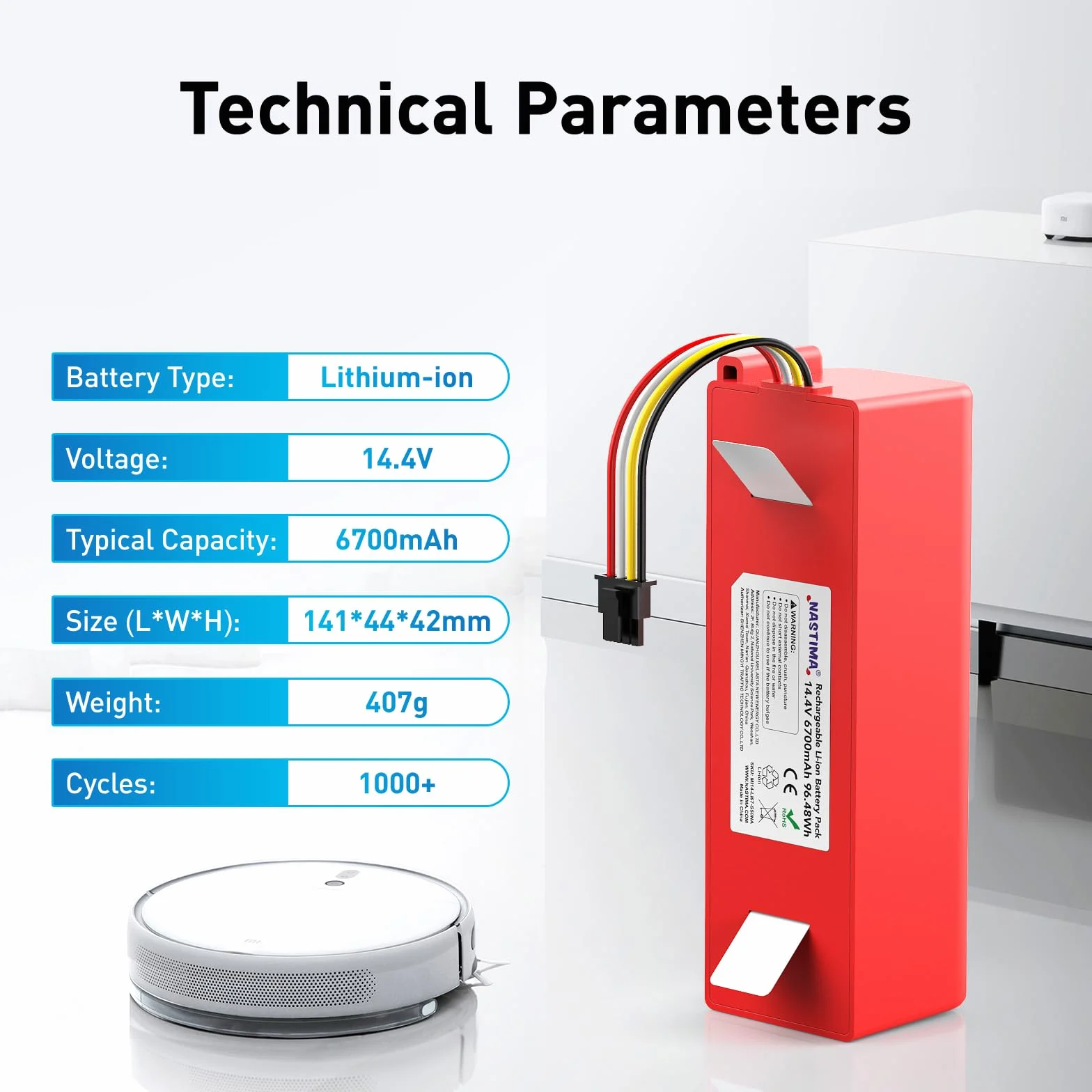 Akumulator Li-Ion 14,4V 6700mAh 96,48Wh Kompatybilny z Xiaomi Roborock S50 S51 S52 S53 S55 S502 S5 Max S6 T6 61 65 Xiaowa E20 Mijia 1. i 2. generacji Zastępczy z BMS