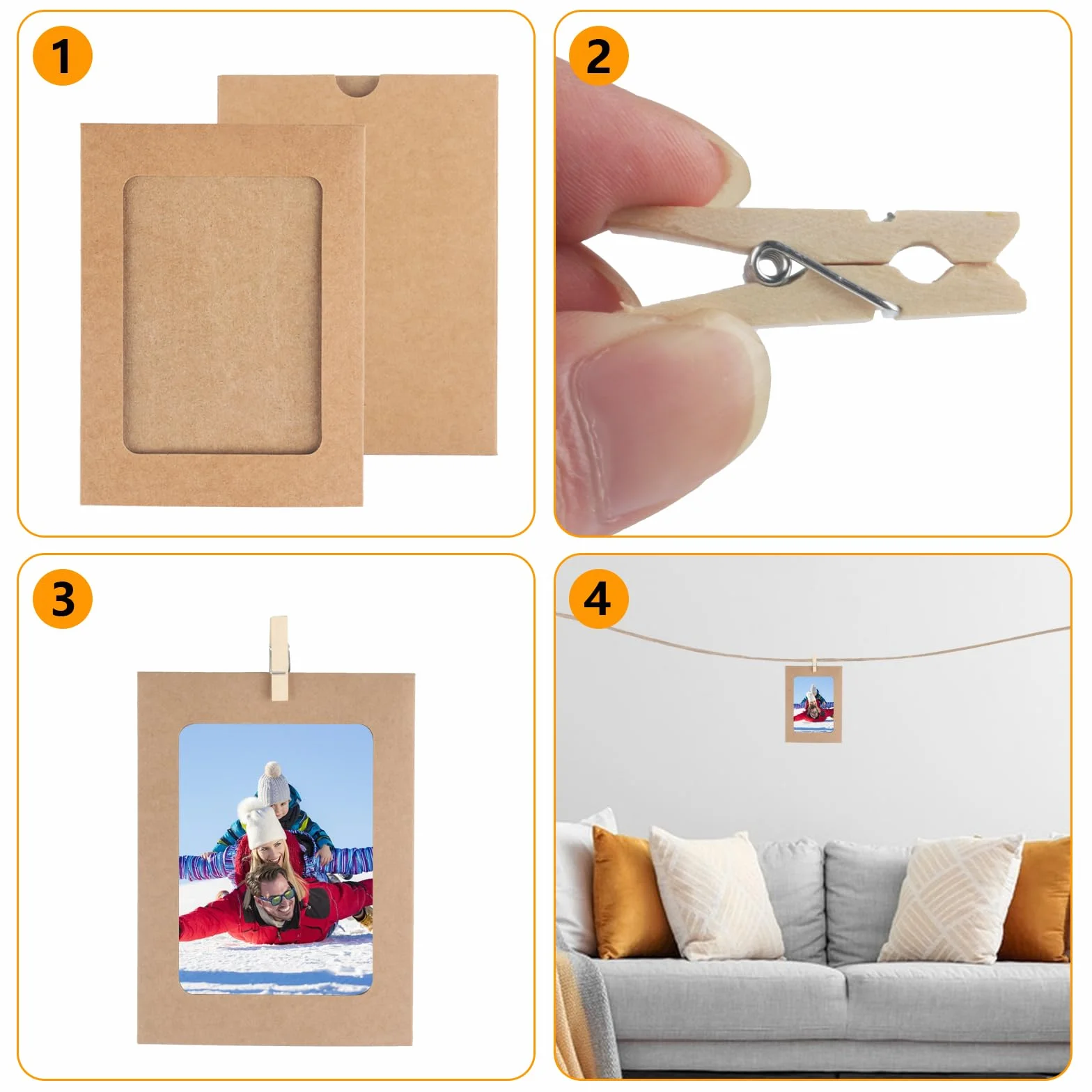 Papierowe ramki na zdjęcia kraft 15,2x11,5 cm zestaw 30 szt. z drewnianymi klamerkami i liną