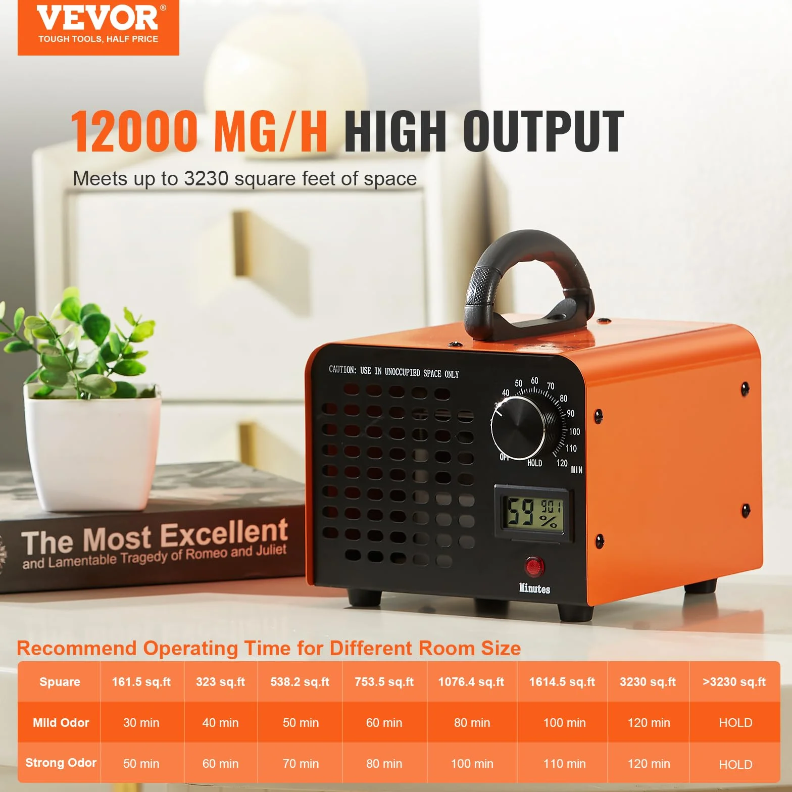 VEVOR Generator ozonu 12000 mg/h ozonator 80 W, oczyszczacz powietrza 300㎡, urządzenie ozonowe, montaż 0-120-minutowy timer, dezodorator, generator ozonu, wskaźnik wilgotności powietrza, inteligentne