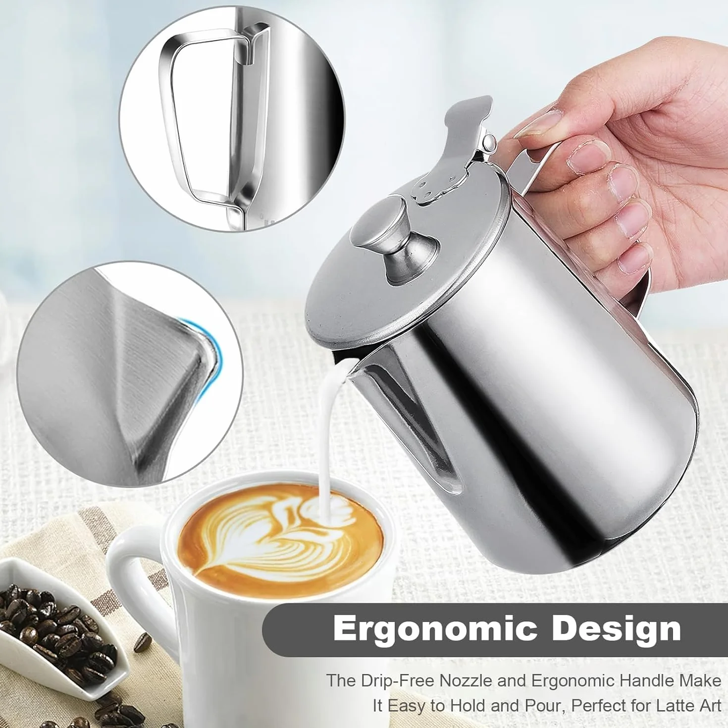 Kubek ze stali nierdzewnej z pokrywką, bez dyszy kapiącej, kubek do kawy, kubek na mleko do kawiarni Latte Art i każdego innego miejsca (rozmiar: 350 ml)