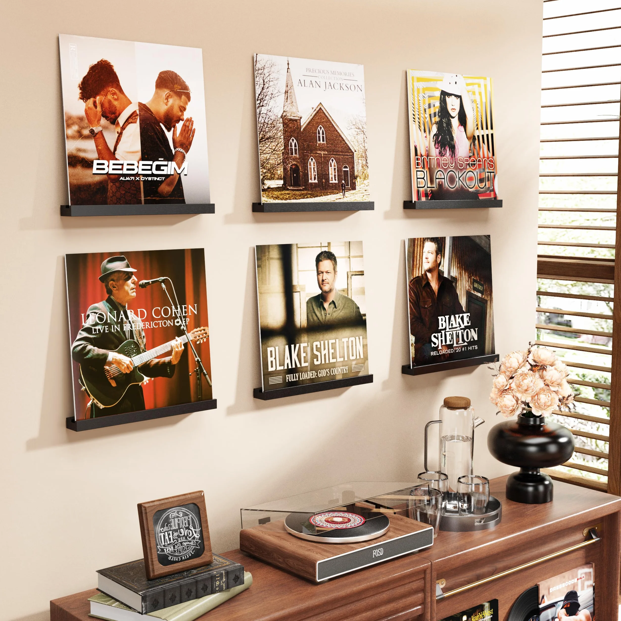 6 sztuk uchwytów ściennych na płyty winylowe, drewniane uchwyty winylowe, do montażu płyt winylowych, do umieszczania płyt gramofonowych, płyt CD, albumów fotograficznych i kolekcji (czarne)