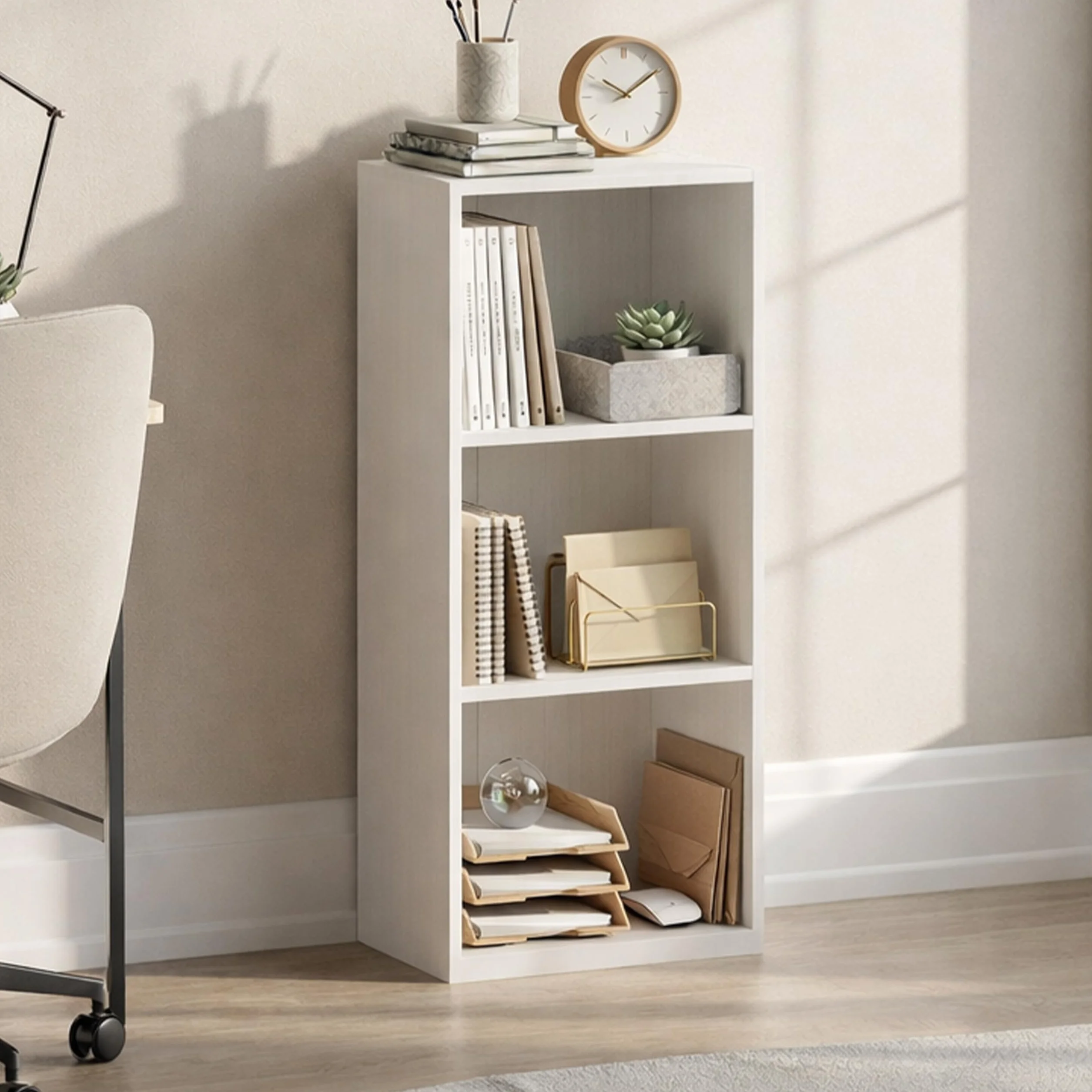 Regał na książki Oxford 3-poziomowy Vida Designs, biały, drewniany, regał ekspozycyjny, meble biurowe do salonu