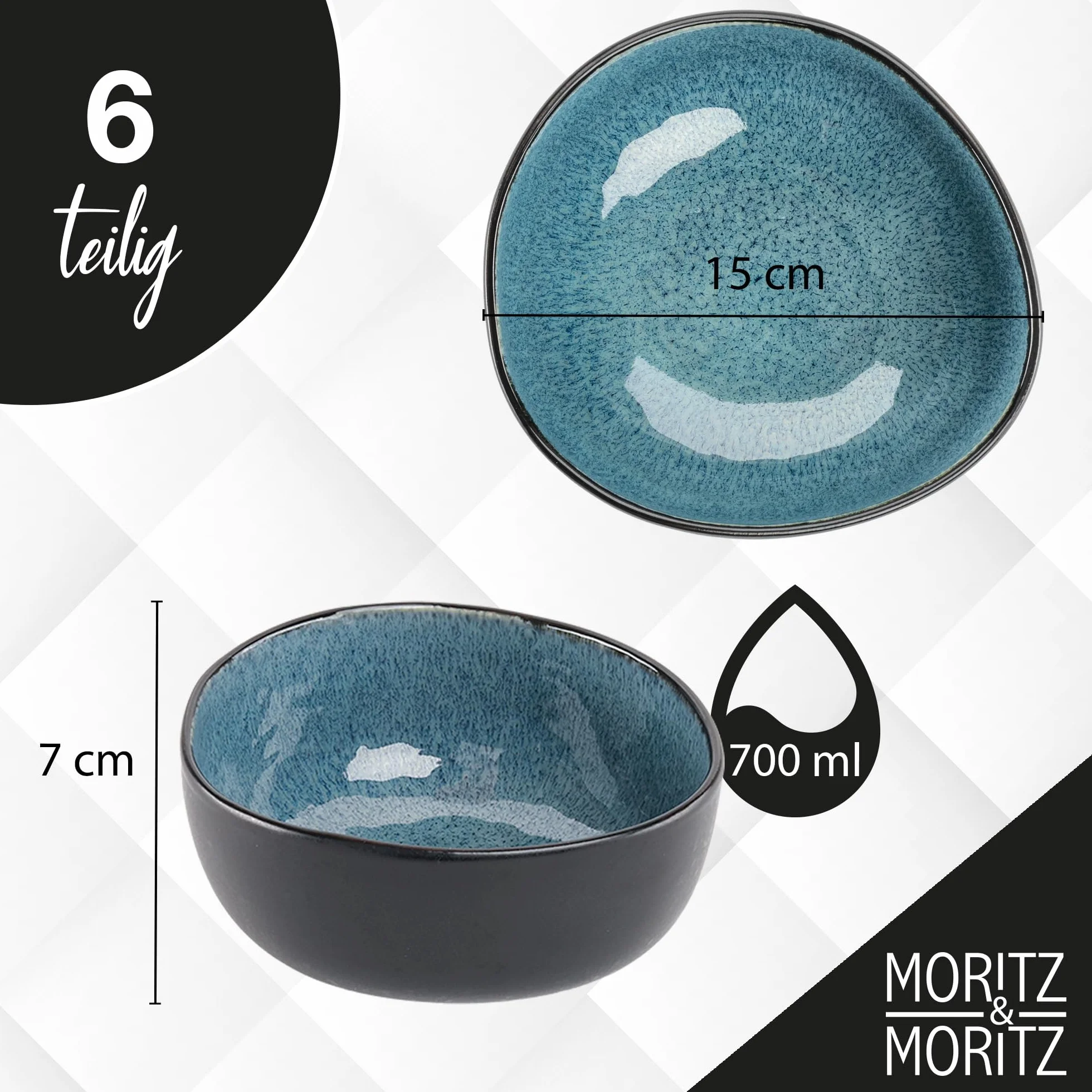 Moritz & Moritz Organiczne miski na płatki śniadaniowe, zestaw 6 niebieskich misek z kamionki w nowoczesnym wzornictwie, pojemność ok. 500 ml, unikalny gradient kolorów, wytrzymałe, nadają się do