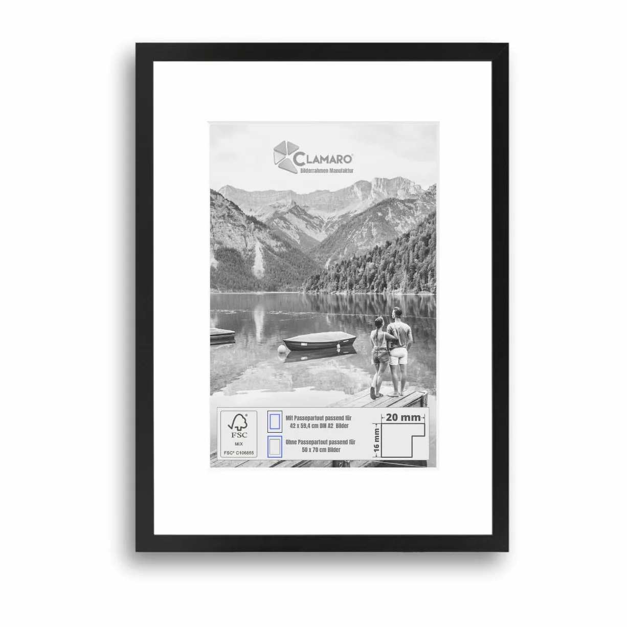CLAMARO "COLLAGE 20" ramka na zdjęcia 50 x 70 cm wymiary obrazu | czarna matowa | w zestawie passe-partout na zdjęcia DIN A2 (42 x 59,4 cm) | 20 mm szerokości, Slim Design, drewniana rama MDF ze