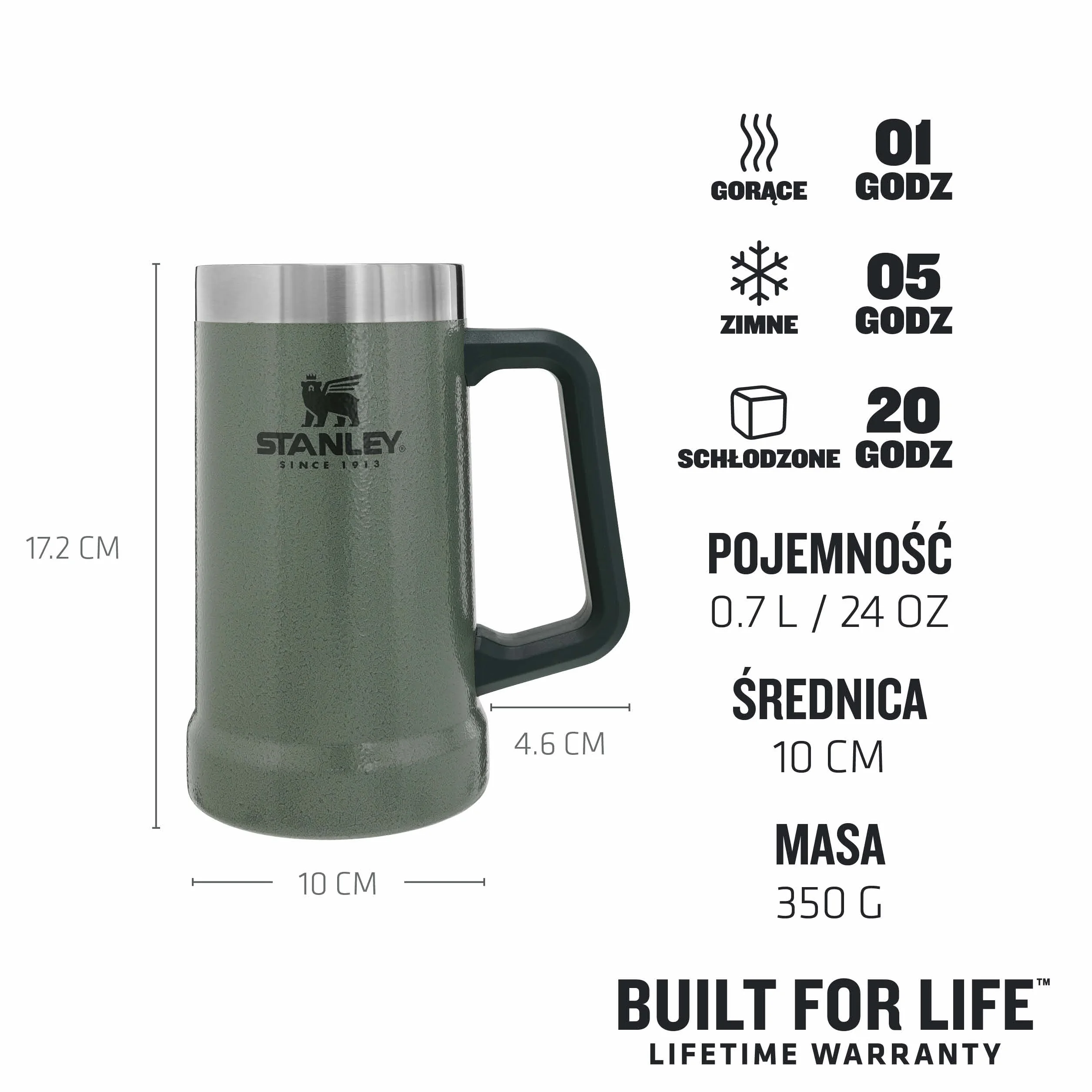 Stanley 1913 Adventure Vacuum Stein 0.7L Hammertone Green - Utrzymuje zimne piwo przez 7 godzin - Kufel do piwa ze Stali Nierdzewnej z pokrywką i uchwytem - Do Mycia w Zmywarce
