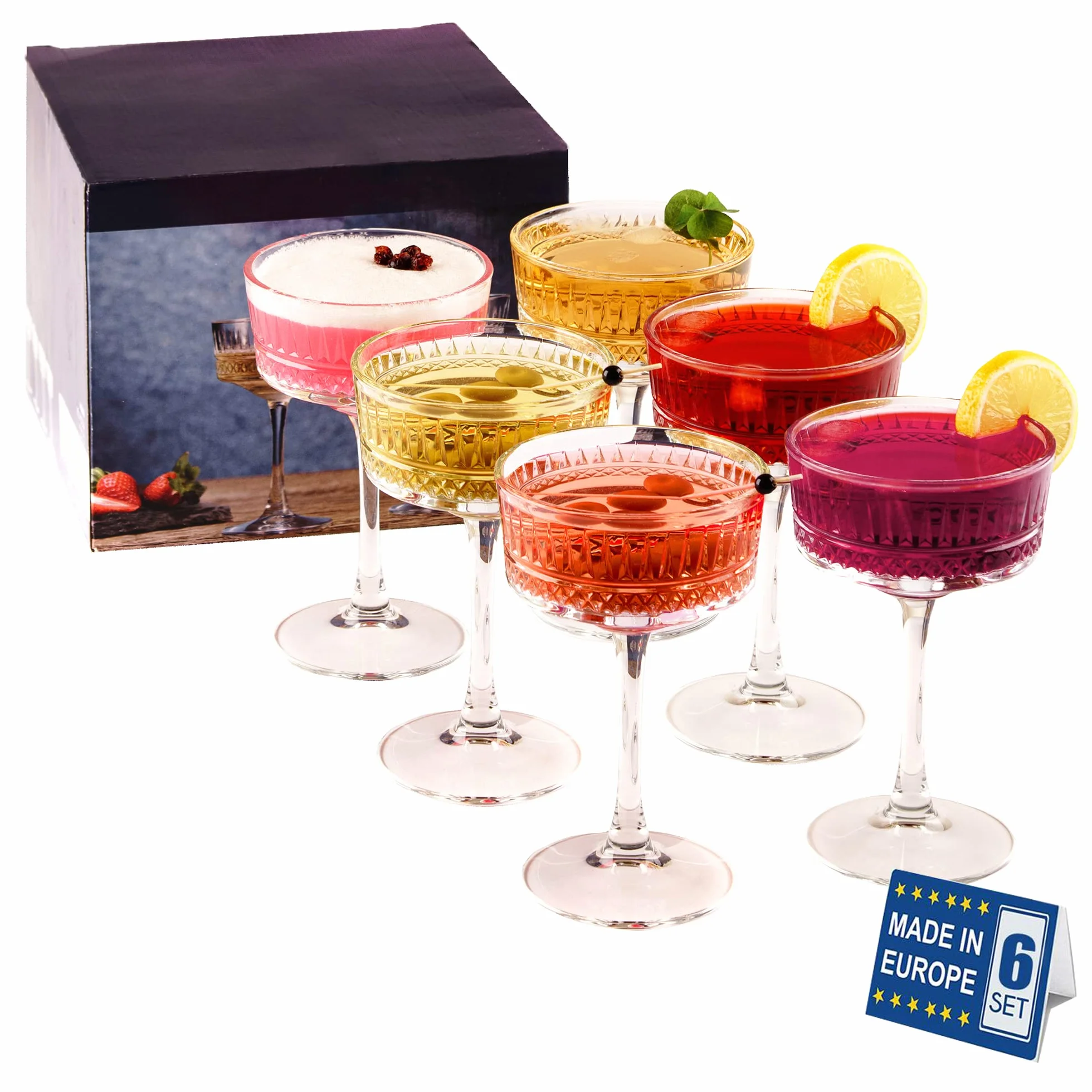 Vintage Coupe kieliszki do szampana, koktajlu, martini, kieliszki do wina, kieliszki do ginu i prosecco, wyroby szklane z długą łodygą (260 ml) (6 szt.)
