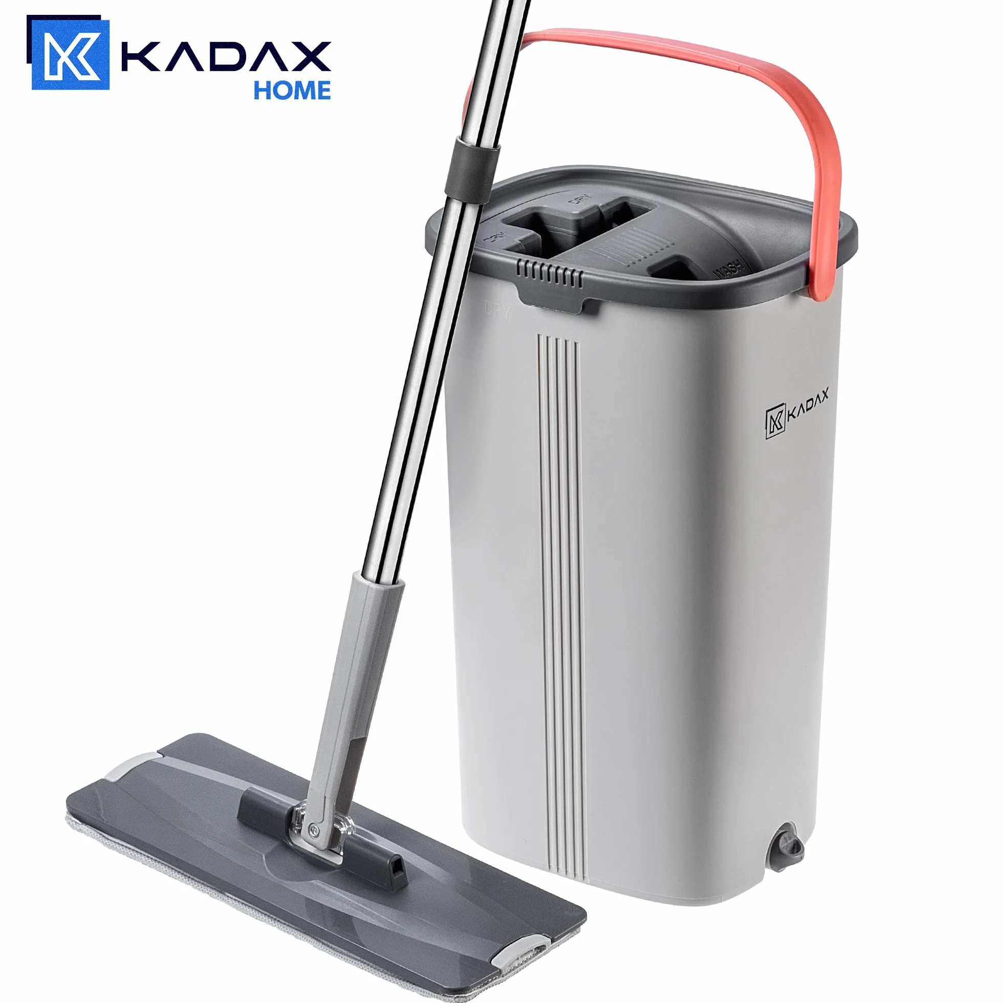 KADAX Mop płaski z wiadrem szary/pomarańczowy, separacja wody, podwójna komora, do mycia paneli i płytek