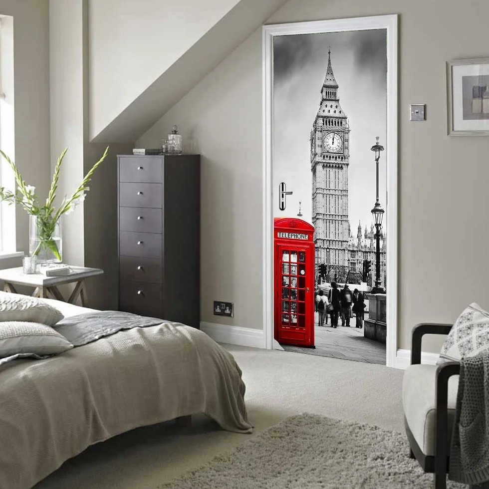Naklejki 3D na drzwi wewnętrzne, samoprzylepne naklejki ścienne do sypialni, domu, salonu, sypialni, biura, łazienki, ulepszenia domu, 77 x 200 cm (Big Ben)