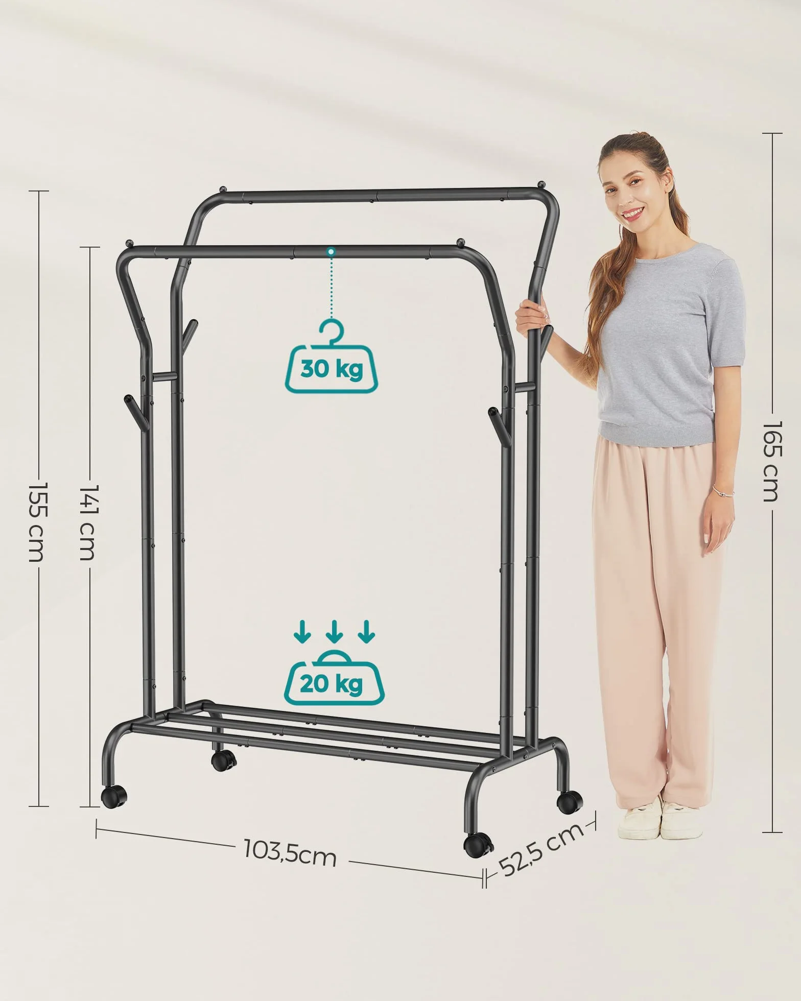 SONGMICS Wieszak na ubrania na kółkach, 2 drążki na ubrania, drążek garderobiany z rur stalowych, obciążenie do 100 kg, szerokość 103,5 cm, wielofunkcyjne przechowywanie, czarny HSR107B01