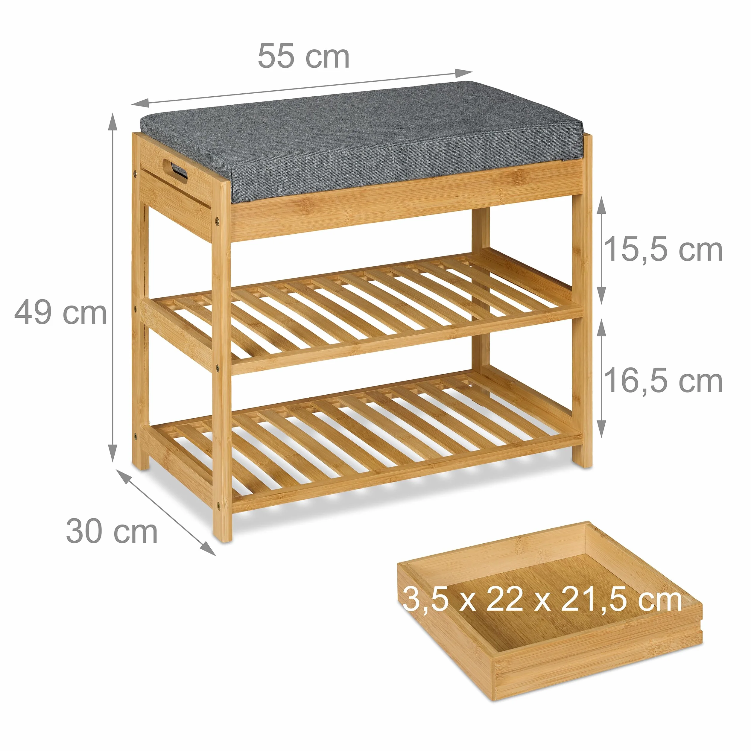 Relaxdays Ławka na buty, ławka tapicerowana z półką na buty, 2 poziomy, szuflada, (wys. x szer. x gł.): 49 x 55 x 30 cm, bambus i len, kolor naturalny/szary