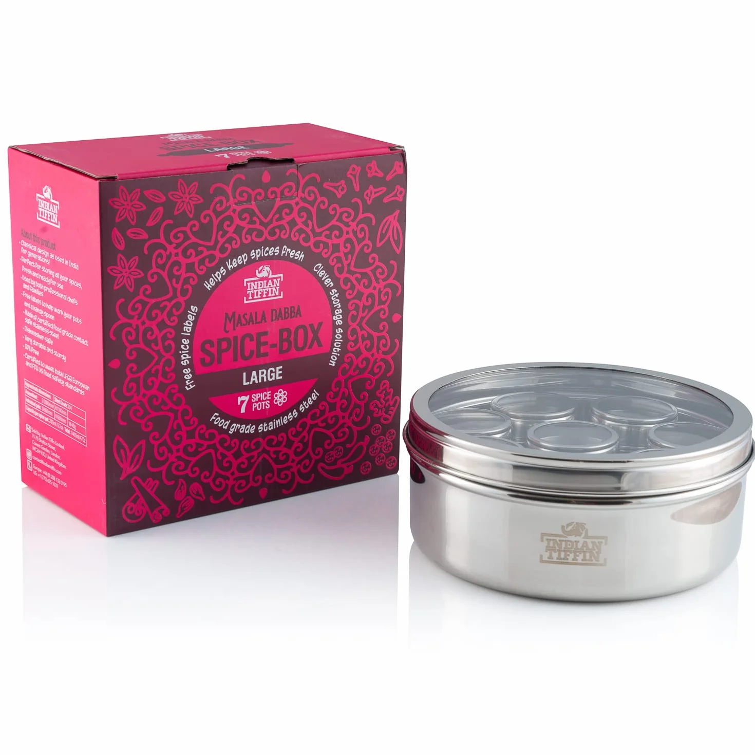 Indian Tiffin Masala Dabba pojemnik na przyprawy hermetyczny duży 20 cm przezroczysta pokrywka