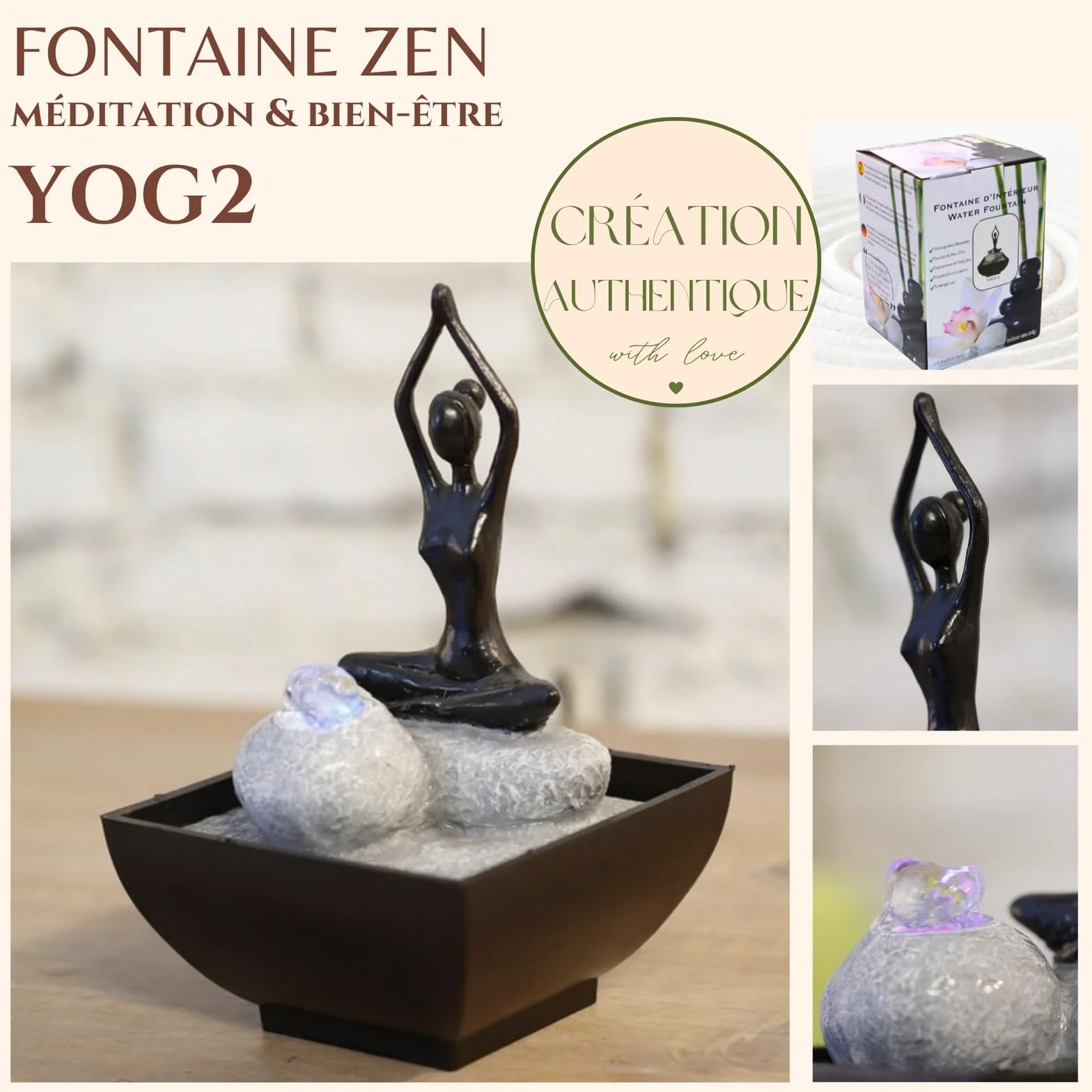 zen' Light yoga2 fontanna z żywicy poliestrowej, czarna, 12 x 12 x 17 cm