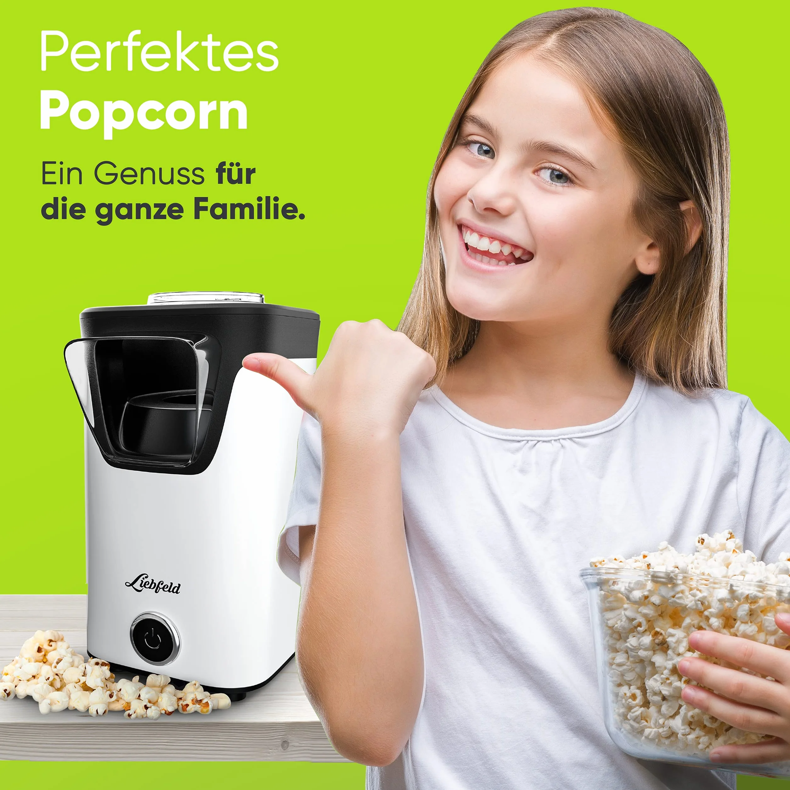 Liebfeld Domowa maszyna do robienia popcornu, w zestawie instrukcja Pop Corn Guide, bez tłuszczu i oleju, biała