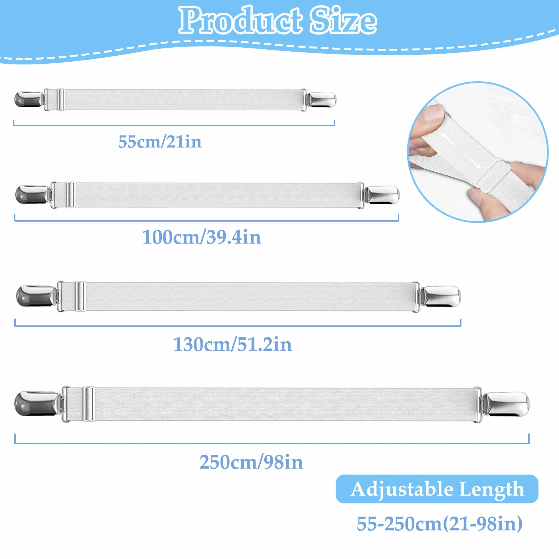 laeeyin Regulowane napinacze do prześcieradła, 4 sztuki, 55-250 cm, elastyczne napinacze prześcieradła, białe napinacze do prześcieradła, materaca, deski do prasowania lub sofy