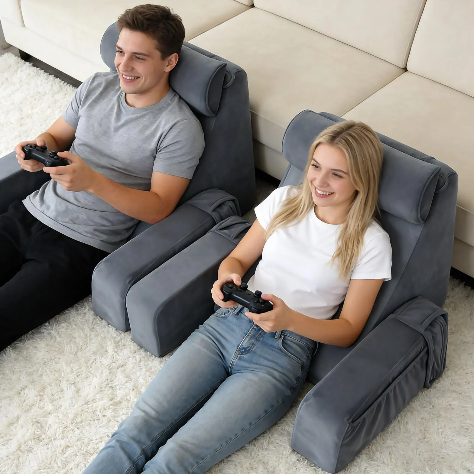 Ergonomiczna Poduszka do Czytania na Łóżko i Sofę, Szara, z Podłokietnikami i Poduszką Głowy