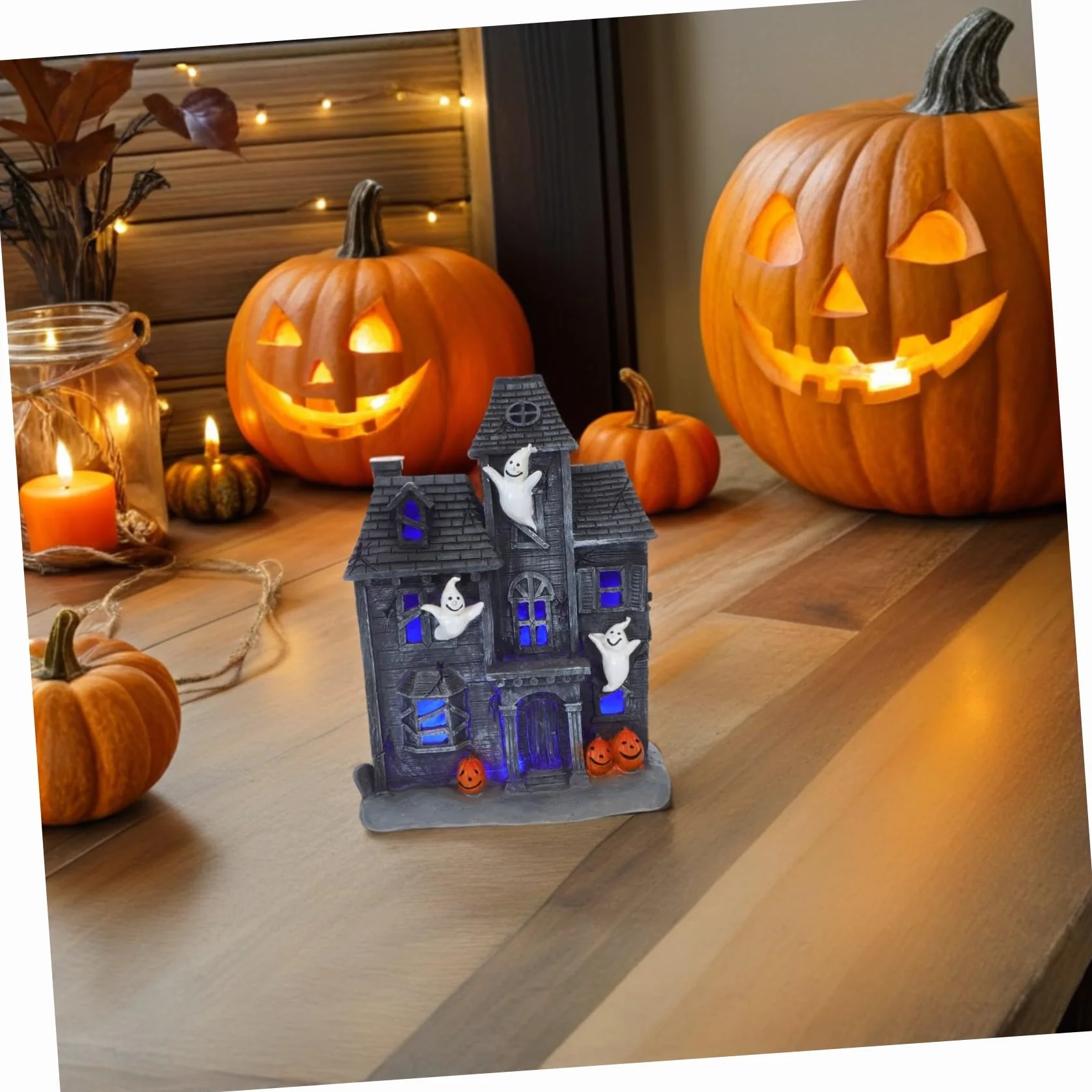 iplusmile LED Świecąca Figurka Strasznego Domu Strachów Dekoracja Stołowa z Żywicy Halloween Świetlna Ozdoba Przyjęcie i Dekorację Wioski Duchów