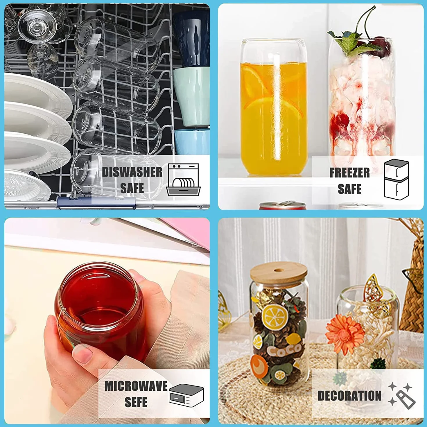 Szklanki do napojów z pokrywką i słomką, szklanki do kawy mrożonej 500 ml, estetyczne szklanki ze słomką, szklane kubki do smoothie, latte, macchiato, whisky (6 szt.)