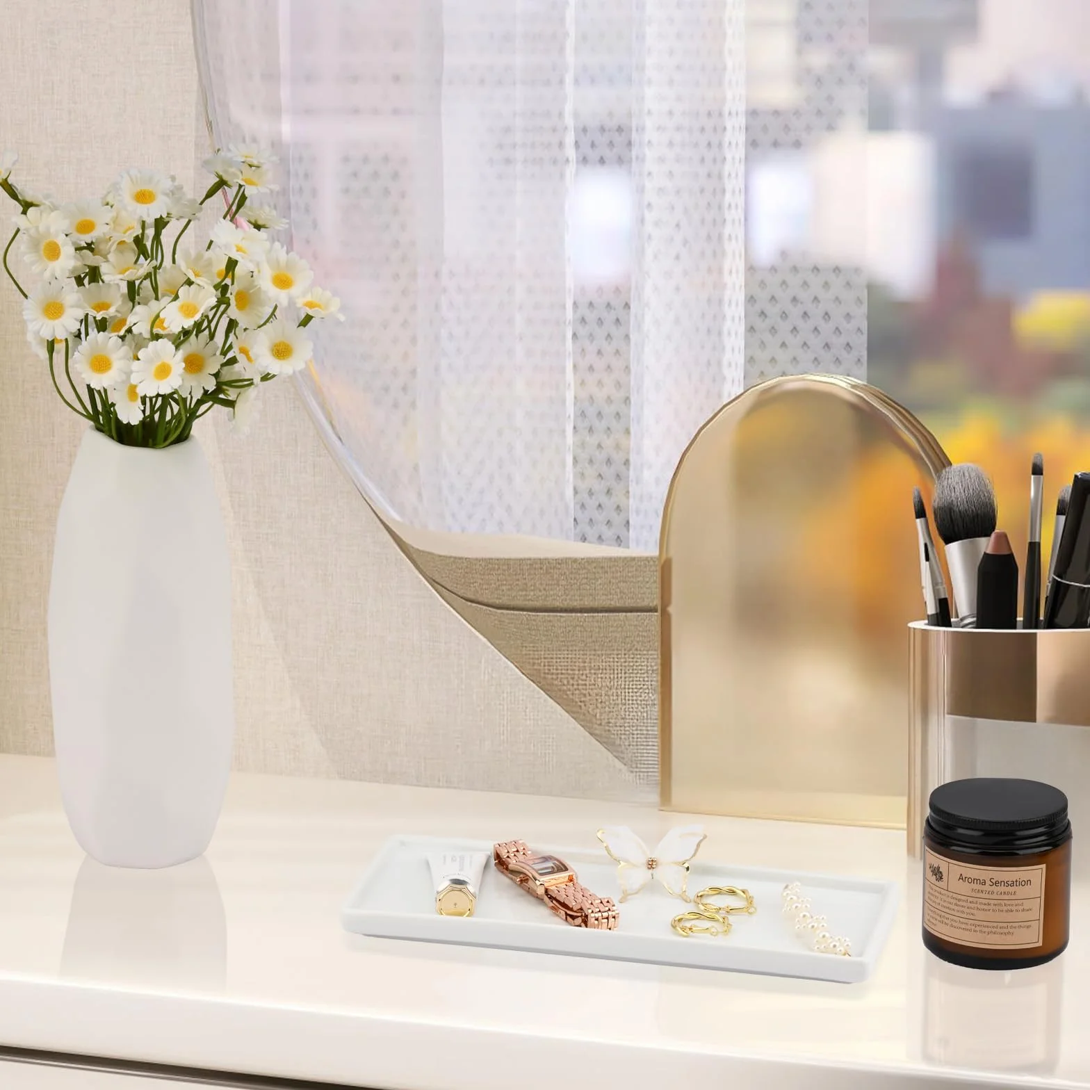 Ceramiczna Taca Łazienkowa, Biała Taca Na Ubranka, Taca Na Perfumy Do Komody, Dekoracyjna Taca Na Bibeloty, Prostokątna Taca Na Kosmetyki, Mydło, Świecę, Kuchenna (L)