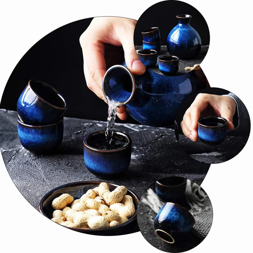 Lurrose Ceramiczny japoński zestaw do sakwy zawiera 1 butelkę Tokkuri i 4 kubki Ochoko na gorącą lub zimną wodę tradycyjny kubek do herbaty