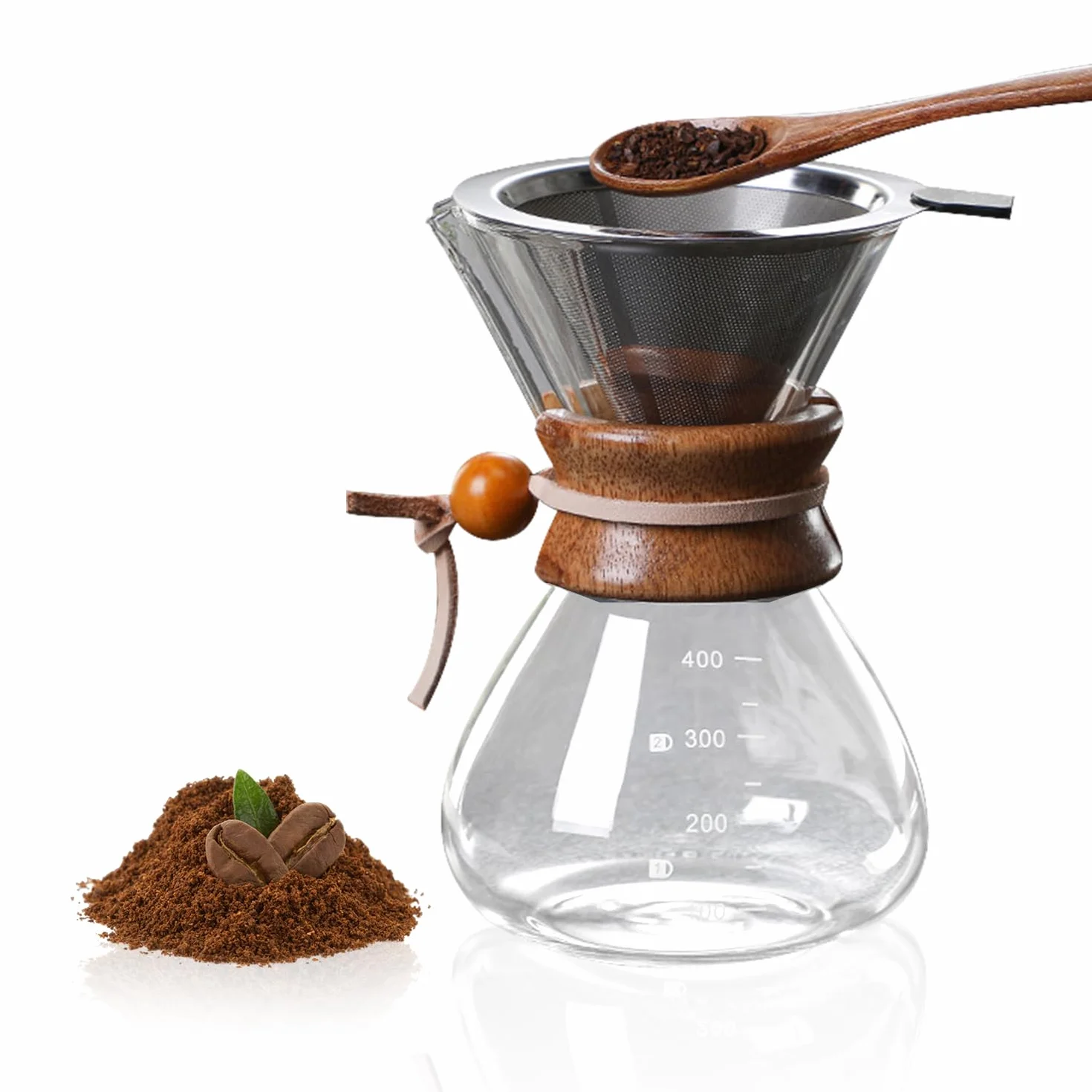 Tissting Pour Over ekspres do kawy 400 ml z karafką i filtrem ręcznym ze stali nierdzewnej – stały filtr ze szkła na 1-2 filiżanki
