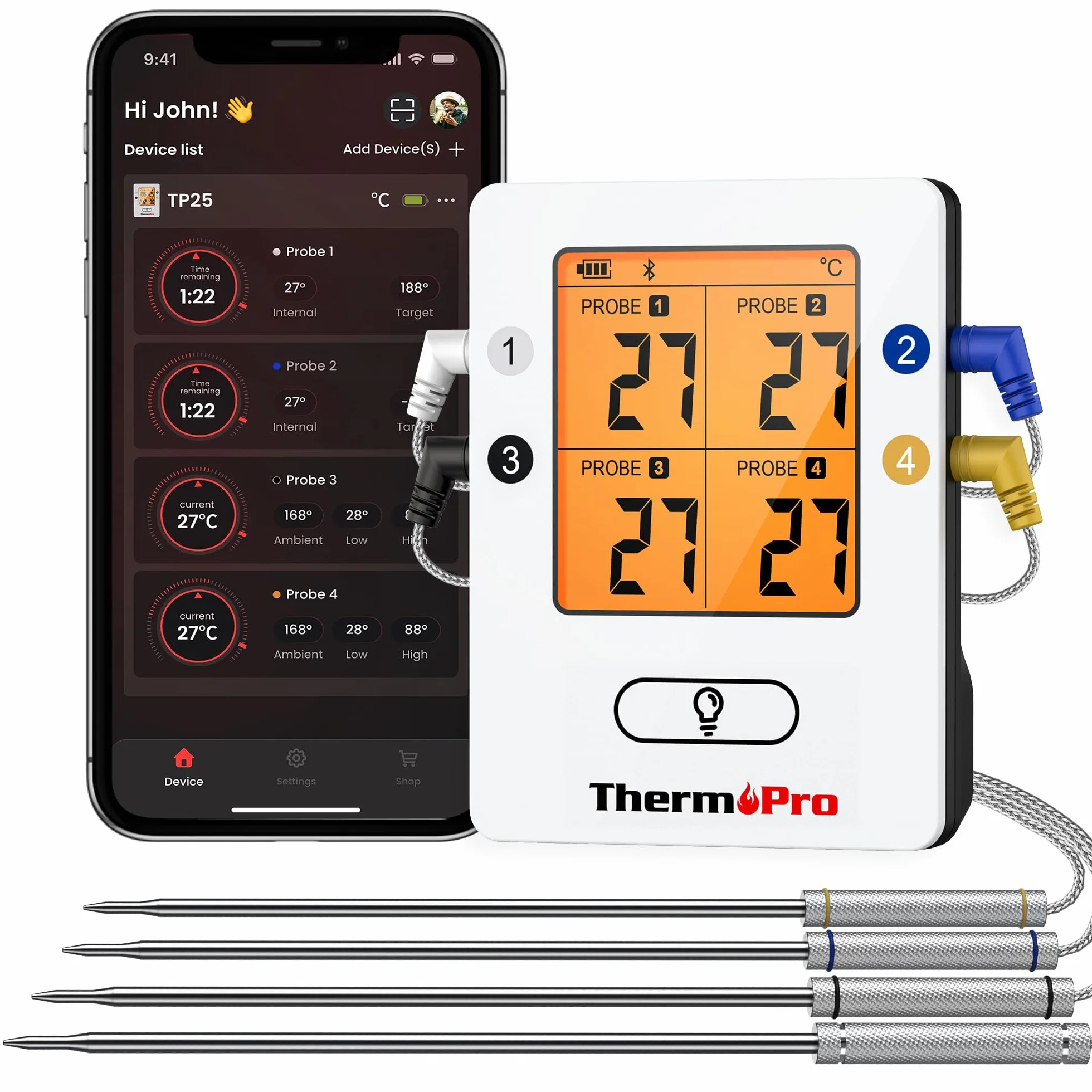ThermoPro TempPro Bluetooth – bezprzewodowy termometr do mięsa z 4 sondami. Inteligentny, cyfrowy, do grilla, piekarnika i wędzarni. Z akumulatorem i alarmem