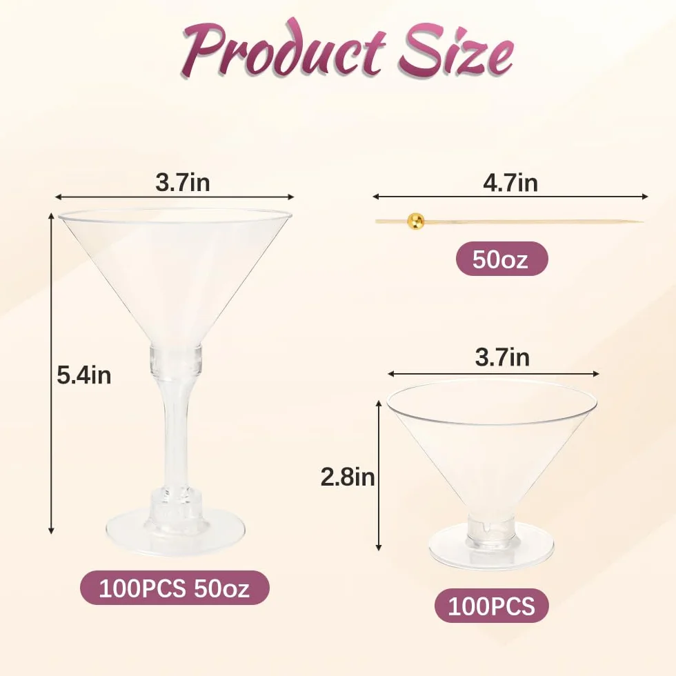 RETON 100 szt. plastikowych kieliszków do Martini 140 ml wielokrotnego użytku zestaw kieliszków koktajlowych