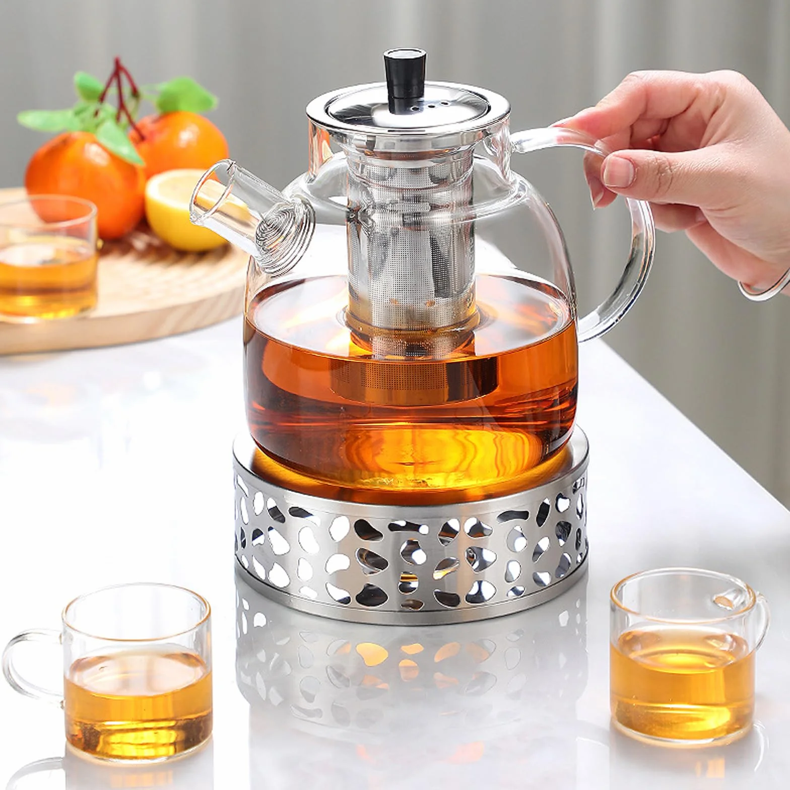 PORFOYO 1800 ml Szklany czajniczek z podgrzewaczem, zaparzaczem, podgrzewaczem do herbaty luzem i torebek na herbatę