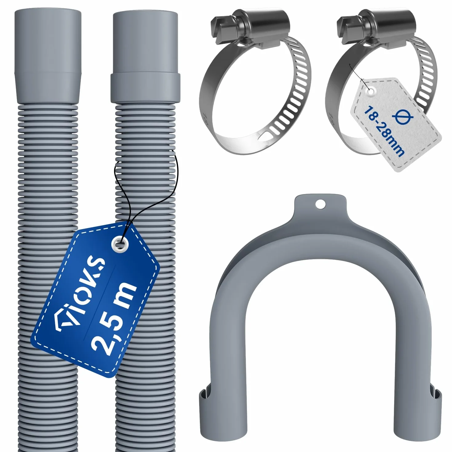 VIOKS Zestaw węży odpływowych do pralki 2,5 m 19/22 mm Ø + obejmy stal nierdzewna 18-28 mm Ø