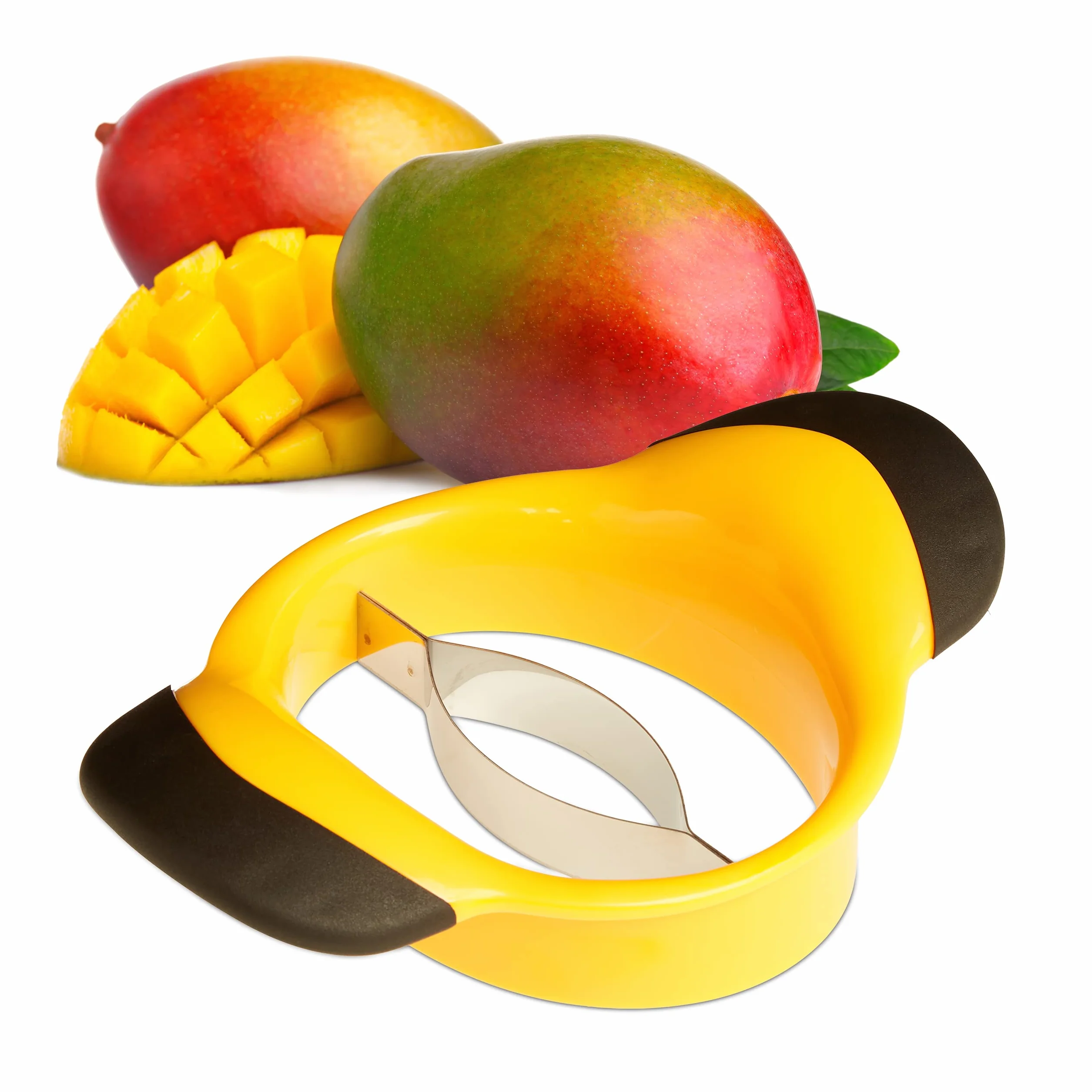 Relaxdays Krajalnica do mango, dzielenie i usuwanie pestek, antypoślizgowy uchwyt, ostrze ze stali nierdzewnej, mango, czarno-żółta, 1 sztuka