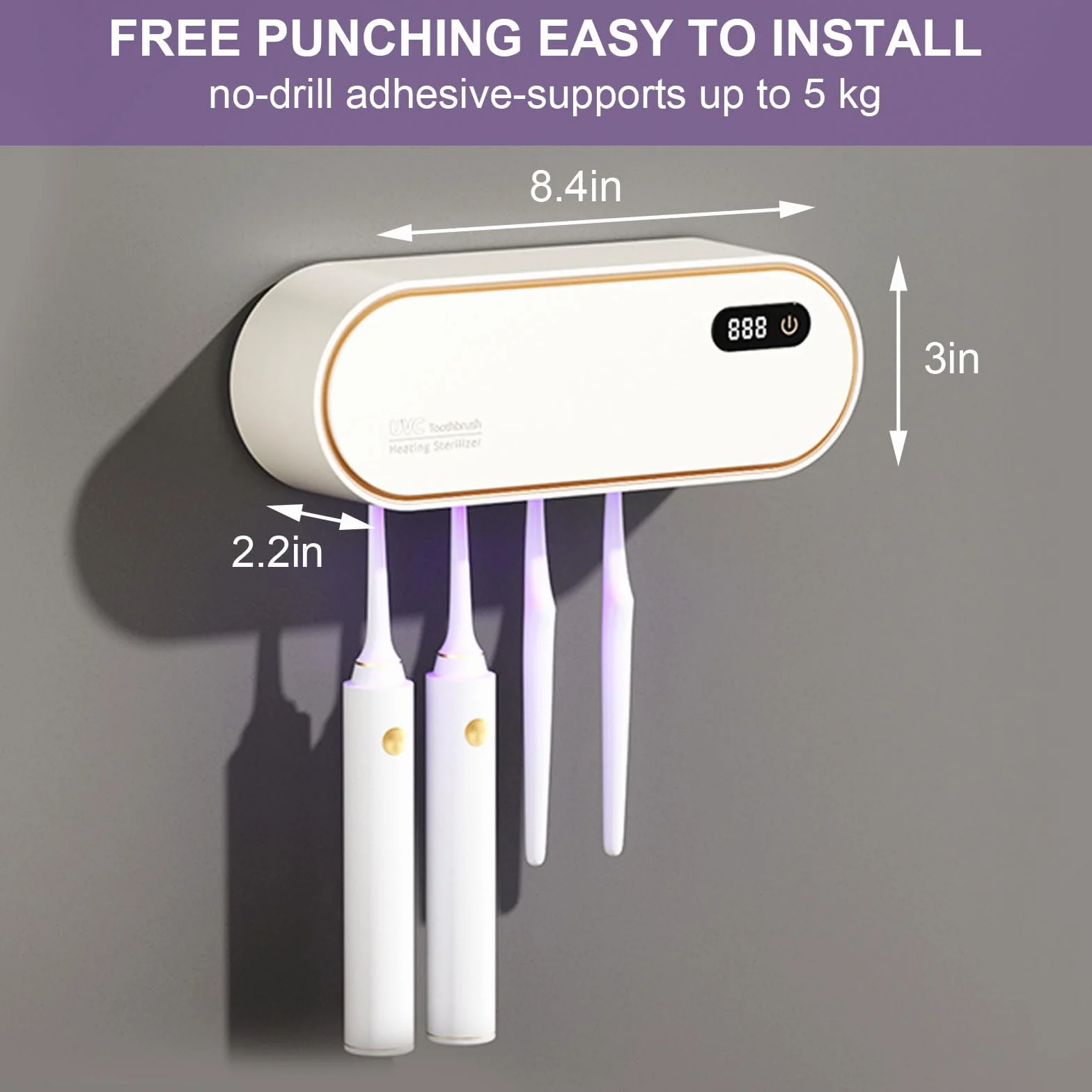 mumisuto UV Sanitizer uchwyt na szczoteczki do zębów, ścienny, bez wiercenia, z funkcją suszenia i timera, 1800 mAh, z możliwością ponownego ładowania, 4 otwory, akcesoria łazienkowe dla dzieci i