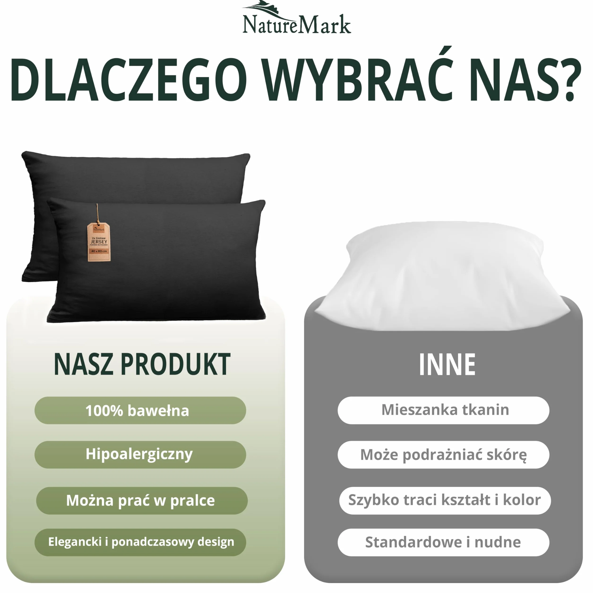 NatureMark Zestaw 2 poszewek na poduszkę z dżerseju, poszewka na poduszkę, poduszka do spania na boku, wiele rozmiarów i kolorów, Öko-Tex (40 x 80 cm, czarna)