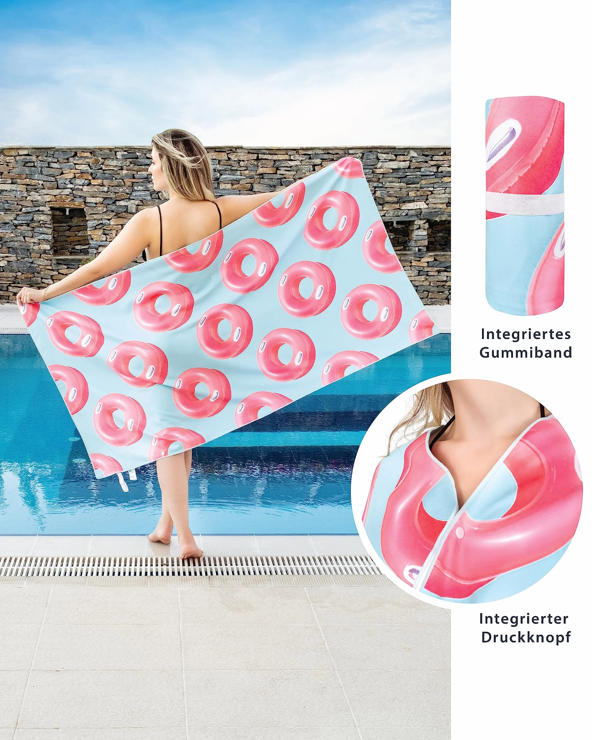 Torrex Gräfenstayn Ręcznik plażowy klasy premium, z mikrofibry, z guzikiem do zawieszenia 100 x 200 cm, Öko-Tex 100, lekki, bez piasku i szybkoschnący, ręcznik plażowy XXL, duży (tyre)