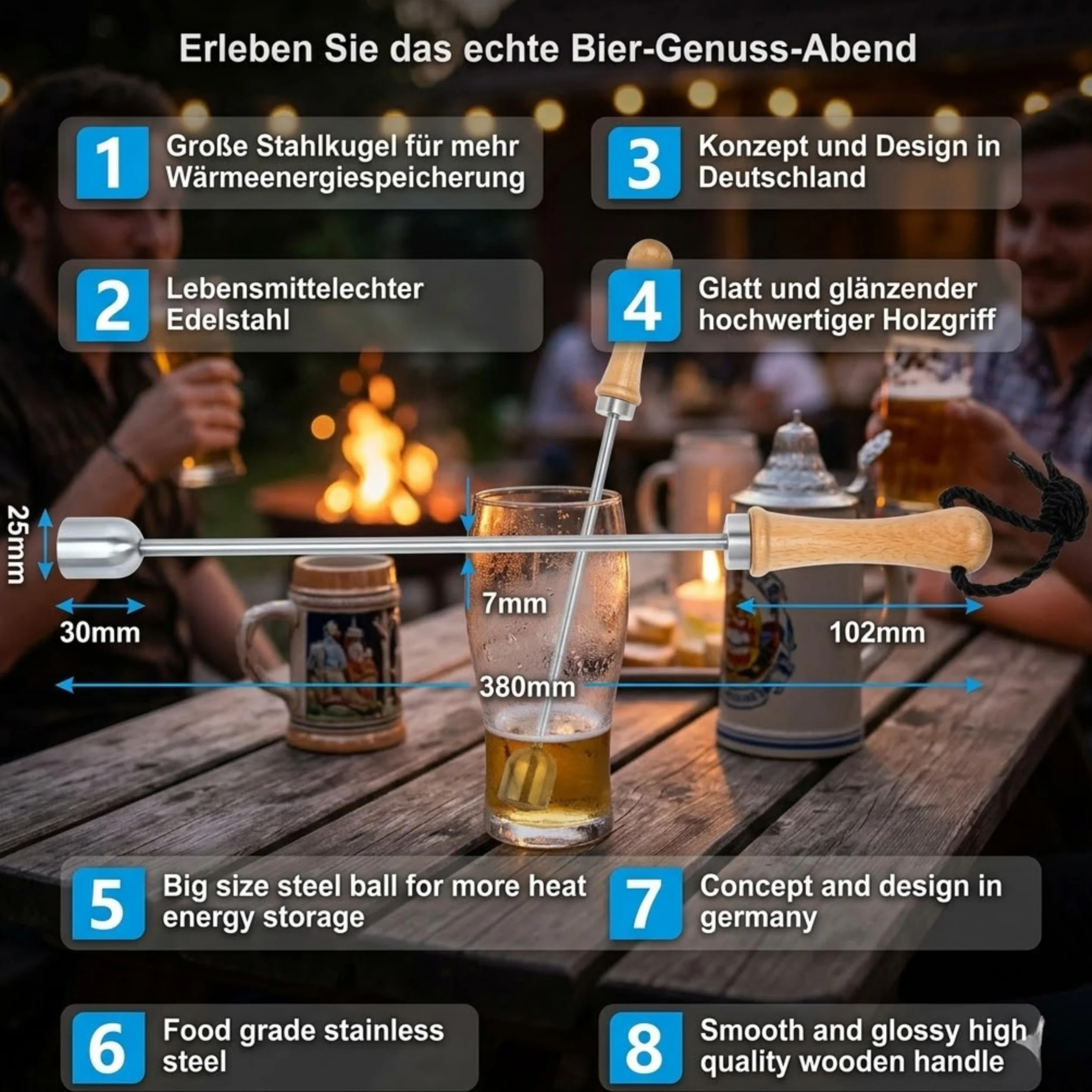 Bierstachel Beerspike Beer Caramelizer karmelizator piwa, podgrzewacz z drewnianą rączką, stal nierdzewna