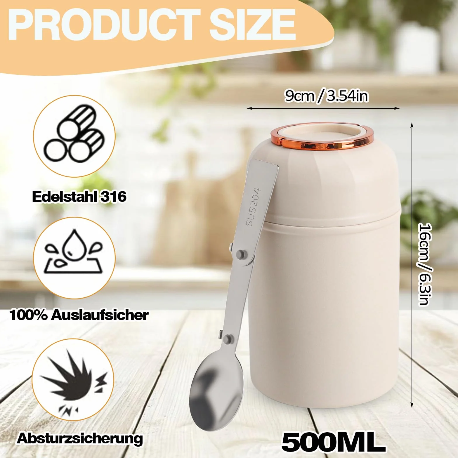 Pojemnik termiczny na jedzenie, 500 ml, ze stali nierdzewnej, z łyżeczką, kubek na musli na wynos, pojemnik termiczny na lunch do zamrażarki, zmywarki, dla dorosłych (biały)