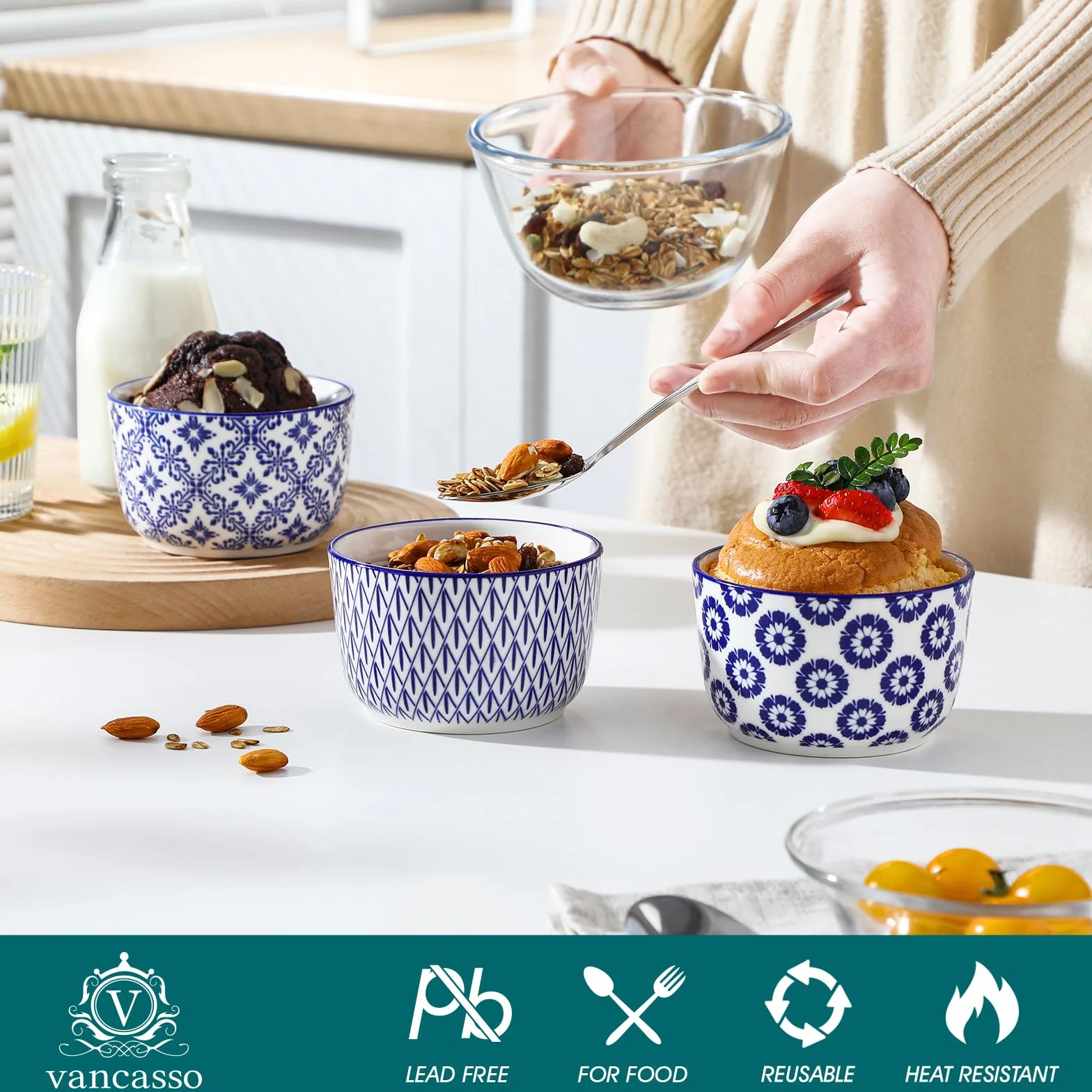 vancasso Selene ceramiczne Ramekins zestaw 6 misek do maczania, nadają się do kuchenki mikrofalowej i zmywarki, do pieczenia, na desery, ręcznie malowane niebiesko-białe kwiatowe wzory