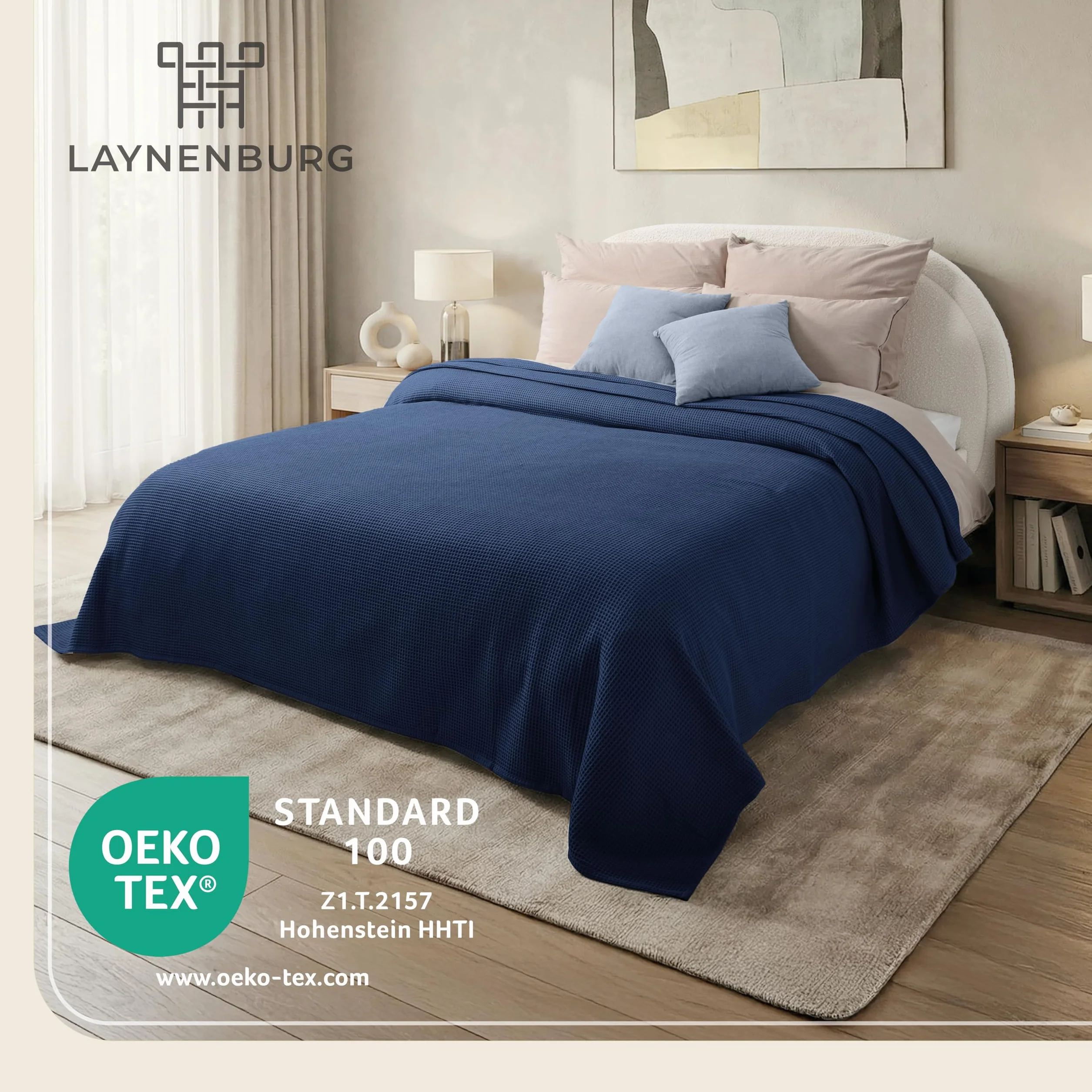 LAYNENBURG narzuta klasy premium, 150 x 200 cm, 100% bawełny o strukturze waflowej, lekkie nakrycie letnie, bawełniana narzuta na łóżko, sofę, niebieska