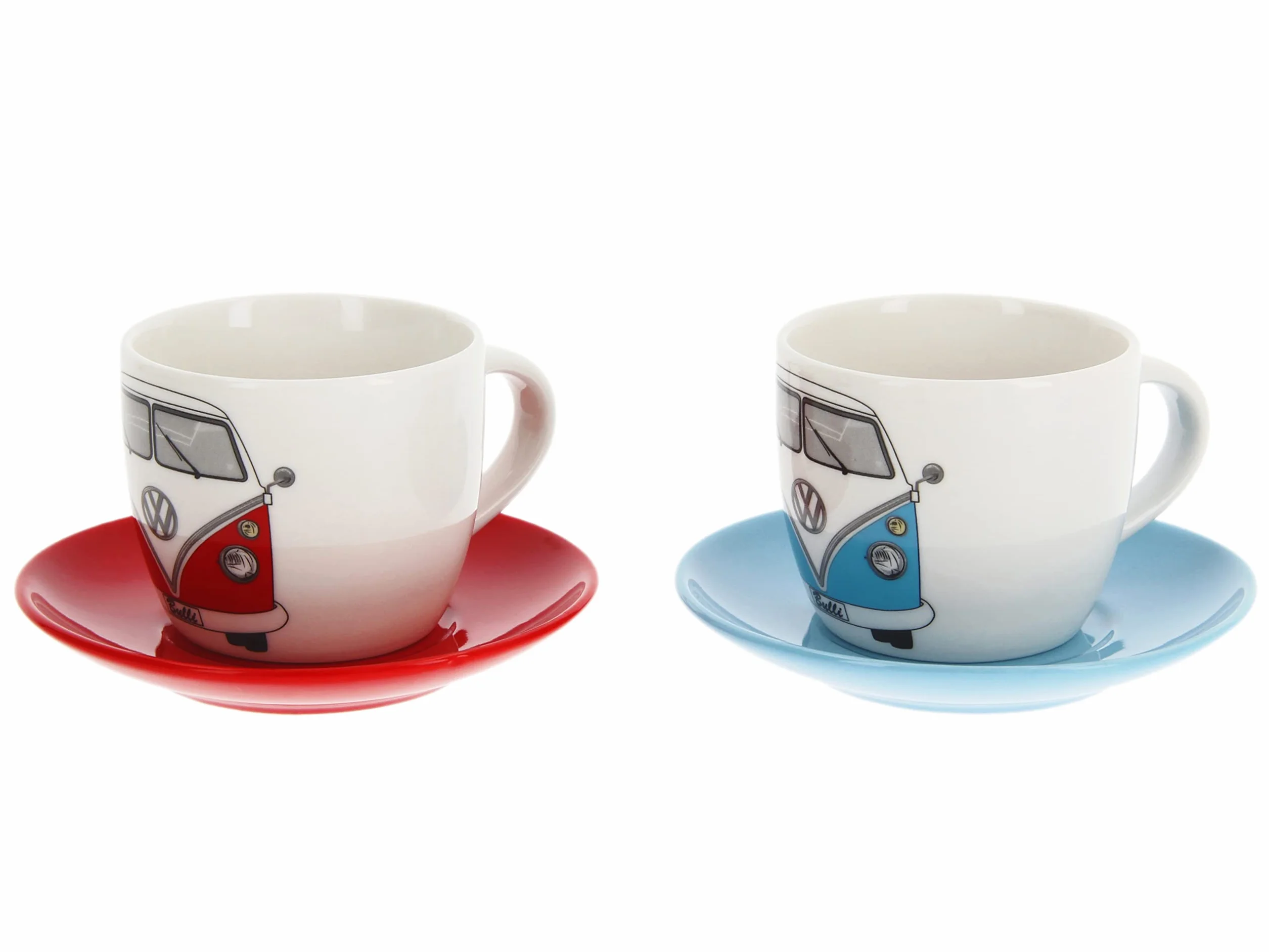 BRISA VW Collection – Volkswagen 2-częściowy zestaw ceramicznych filiżanek do espresso ze spodkami T1 Bulli Bus (100 ml/przód/czerwony i niebieski)