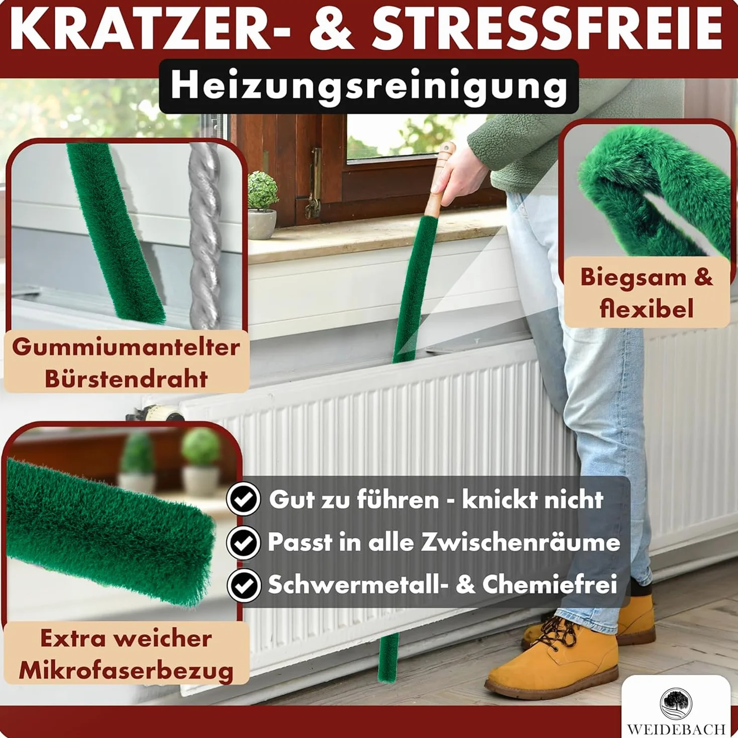 WEIDEBACH® Szczotka do grzejników, V.3.0, 90 cm łączna długość / 40 cm szczecinki z mikrofibry, szczotka do czyszczenia grzejników odporna na sierść zwierząt, szczotka do grzejników pasuje do każdego