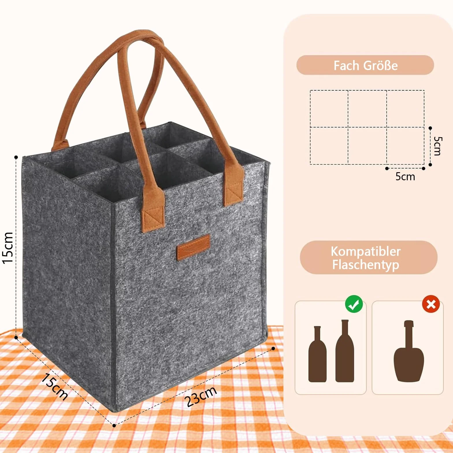 torba z filcu na 6 butelek, torba na butelki z kieszonkami, wielokrotnego użytku torba na napoje, kosz na butelki na imprezę, podróż, piknik dla butelek wina, butelek piwa, butelek wody