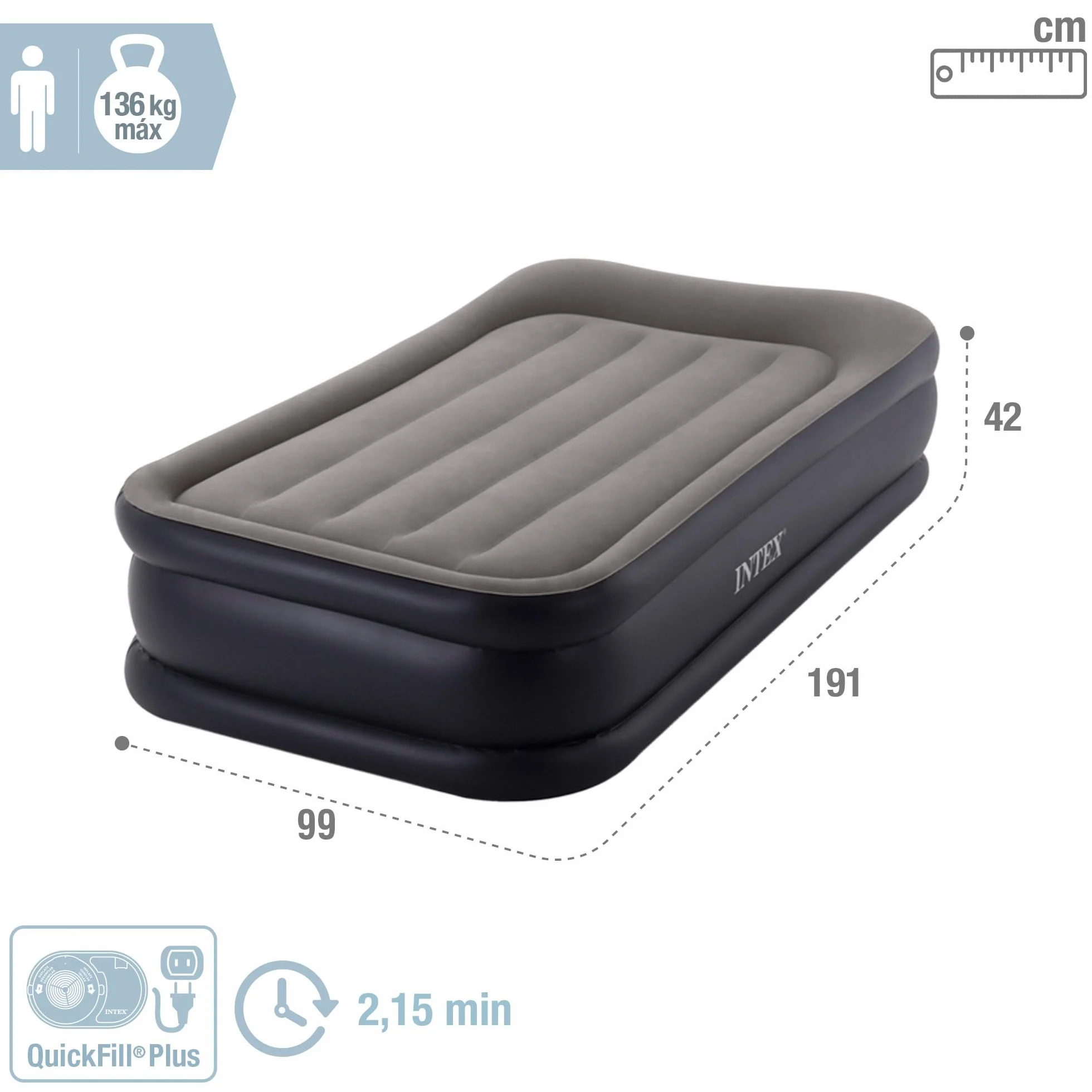 Jednoosobowy Materac Dmuchany 99x191x42 cm łóżko pompka 220V INTEX 64132ND
