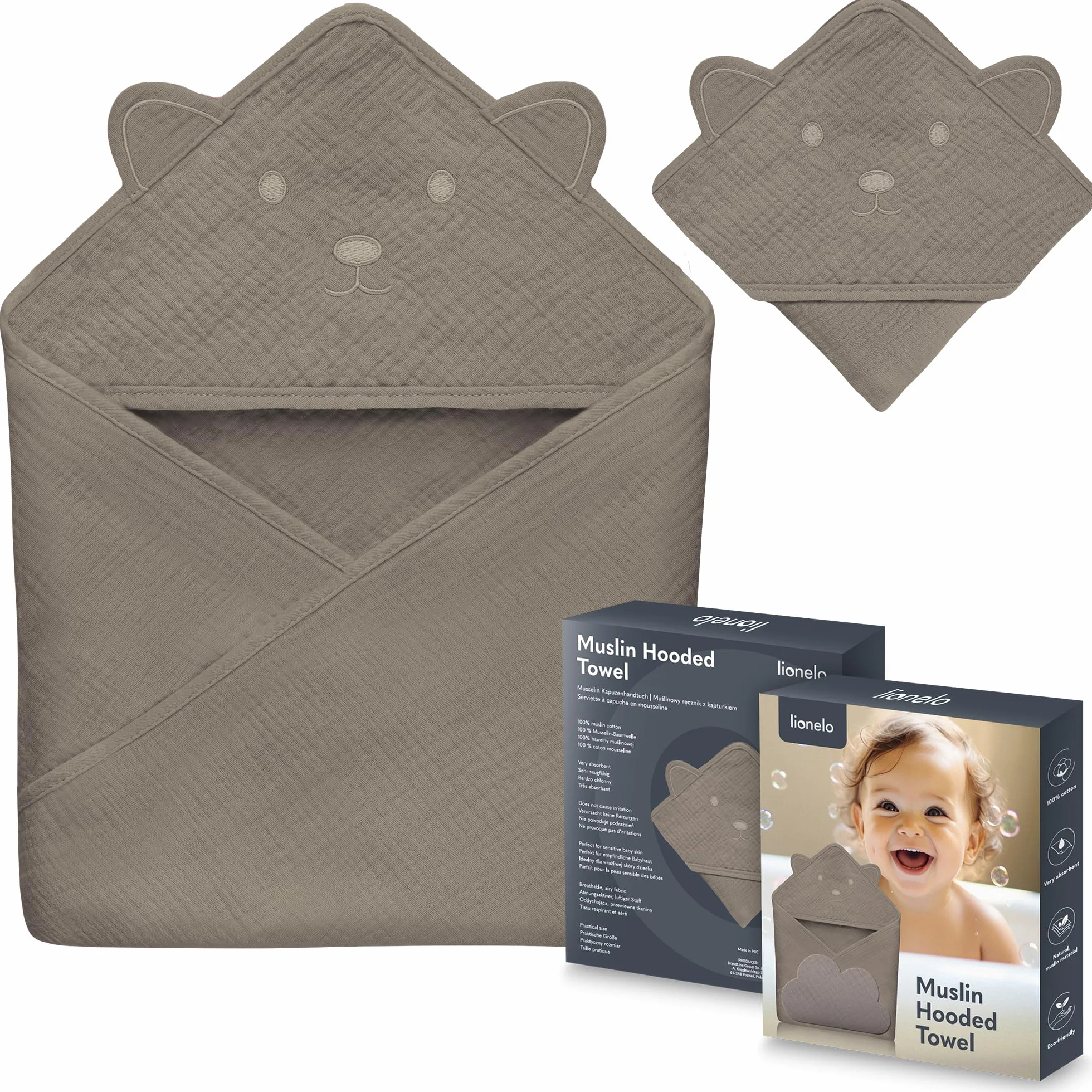 LIONELO MUSLIN HOODED TOWEL Ręcznik Muślinowy z Kapturem dla Niemowląt po Kąpieli 80x80 cm, Oddychający Miękki Ręcznik Kąpielowy Dziecięcy Naturalna Tkanina 6 Kolorów (Cappuccino)