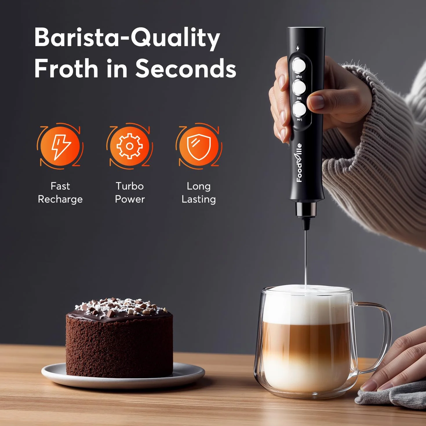 FoodVille MF02 spieniacz do mleka z trzepaczką ze stali nierdzewnej do cappuccino, latte, kuloodpornej kawy, diety keto, białka w proszku, matcha