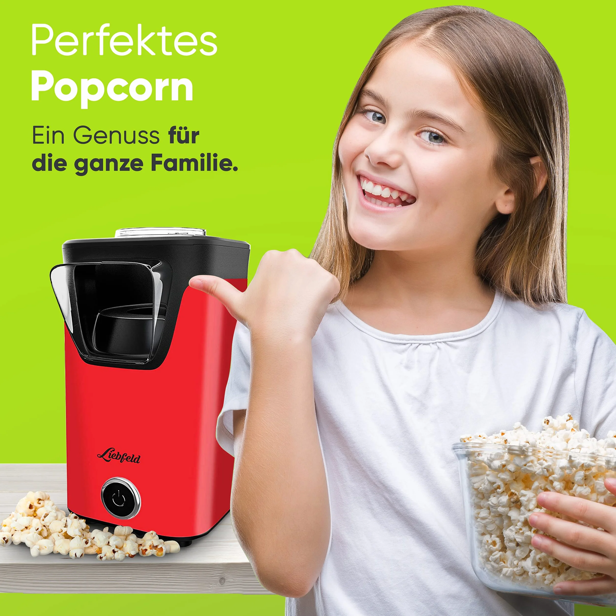 Liebfeld Maszyna do popcornu – urządzenie do robienia popcornu na gorące powietrze, bez tłuszczu i oleju, gadżet kuchenny w stylu retro do popcornu z cukrem, solą – Cooler Snack Automat (czerwony)