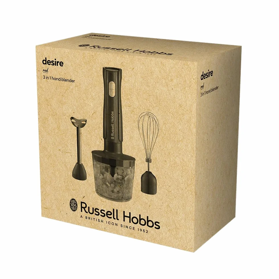 Russell Hobbs Blender ręczny [3w1: blender, trzepaczka i ostrza do siekania] Desire Red (pojemnik 600ml, akcesoria można myć w zmywarce, ostrza ze stali nierdzewnej, do koktajli, zup, sosów) 27142-56