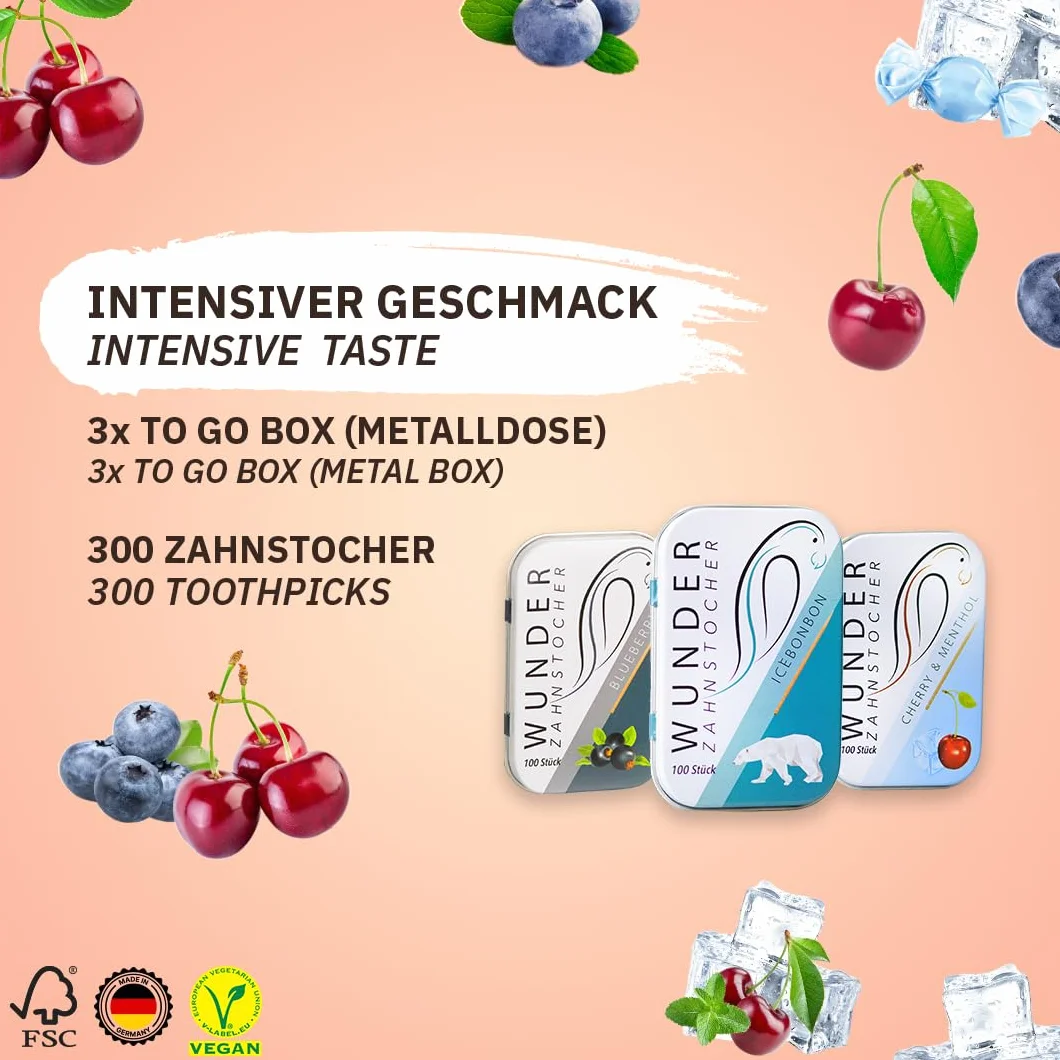 Wykałaczki smakowe - 3 opakowania - Fresh - 100 sztuk w każdym rodzaju - eleganckie metalowe pudełko - świeży oddech - zapobiega obgryzaniu paznokci - zaprzestanie palenia