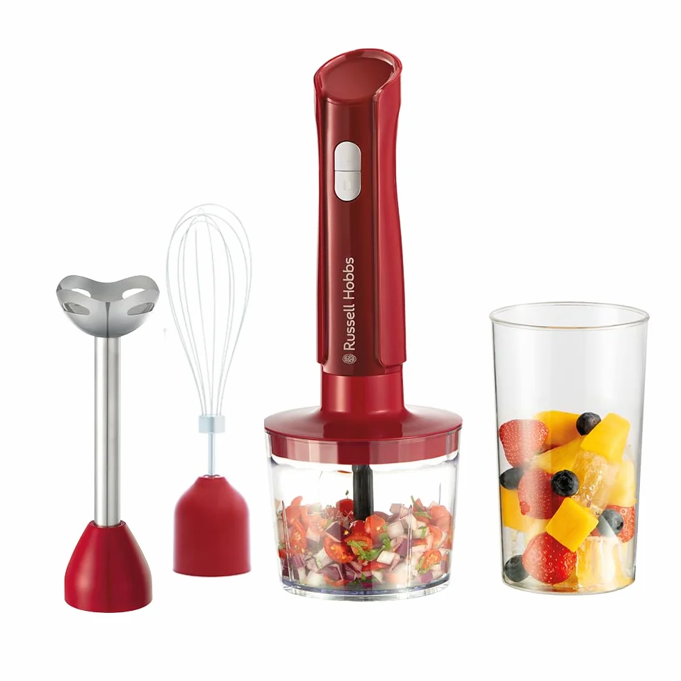 Russell Hobbs Blender ręczny [3w1: blender, trzepaczka i ostrza do siekania] Desire Red (pojemnik 600ml, akcesoria można myć w zmywarce, ostrza ze stali nierdzewnej, do koktajli, zup, sosów) 27142-56