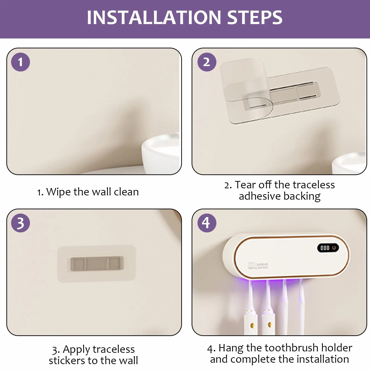 mumisuto UV Sanitizer uchwyt na szczoteczki do zębów, ścienny, bez wiercenia, z funkcją suszenia i timera, 1800 mAh, z możliwością ponownego ładowania, 4 otwory, akcesoria łazienkowe dla dzieci i