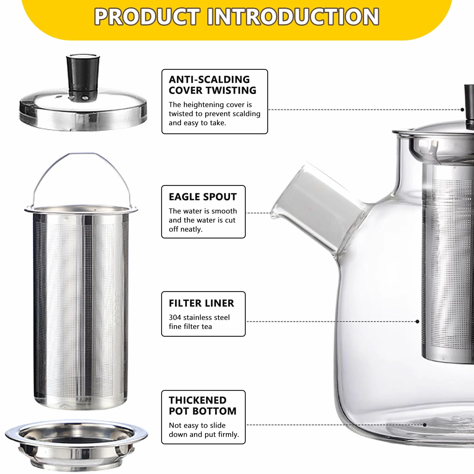 PORFOYO 1800 ml Szklany czajniczek z podgrzewaczem, zaparzaczem, podgrzewaczem do herbaty luzem i torebek na herbatę